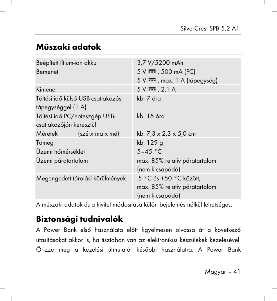 Műszaki adatok, Biztonsági tudnivalók | Silvercrest SPB 5.2 A1 User Manual | Page 43 / 108