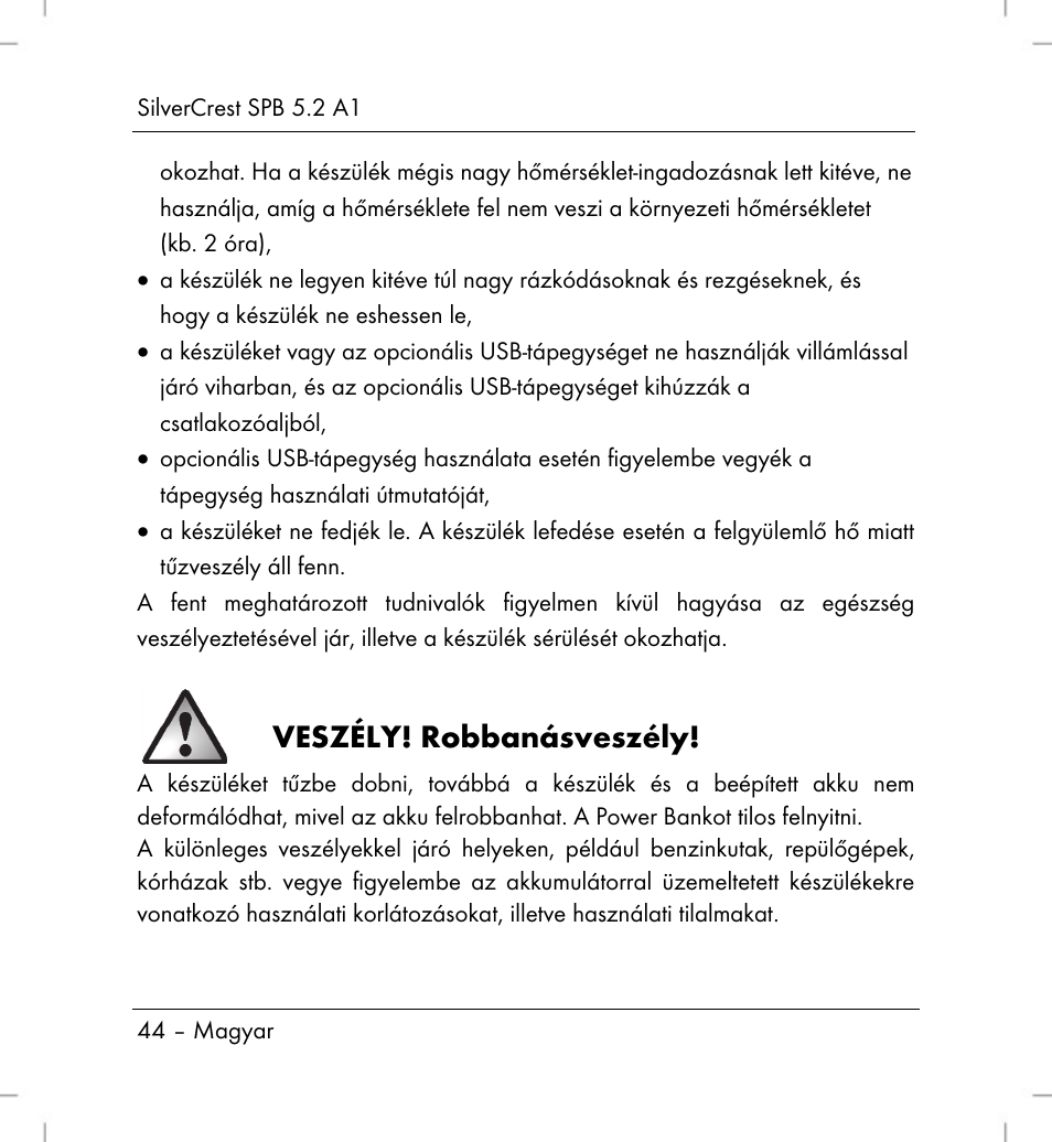 Veszély! robbanásveszély | Silvercrest SPB 5.2 A1 User Manual | Page 46 / 108