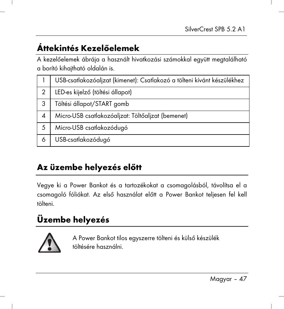Áttekintés kezelőelemek, Az üzembe helyezés előtt, Üzembe helyezés | Silvercrest SPB 5.2 A1 User Manual | Page 49 / 108