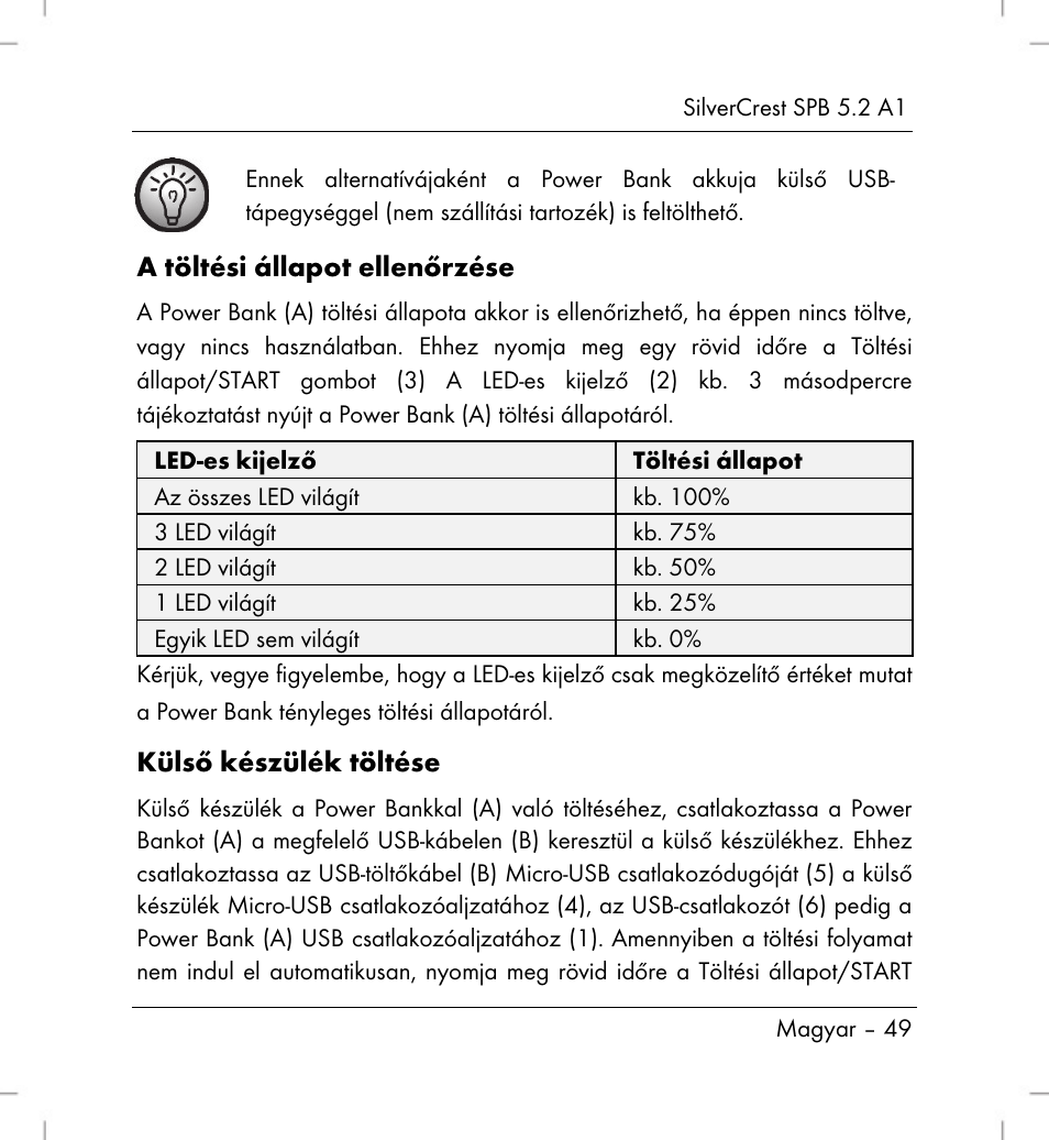 A töltési állapot ellenőrzése, Külső készülék töltése | Silvercrest SPB 5.2 A1 User Manual | Page 51 / 108