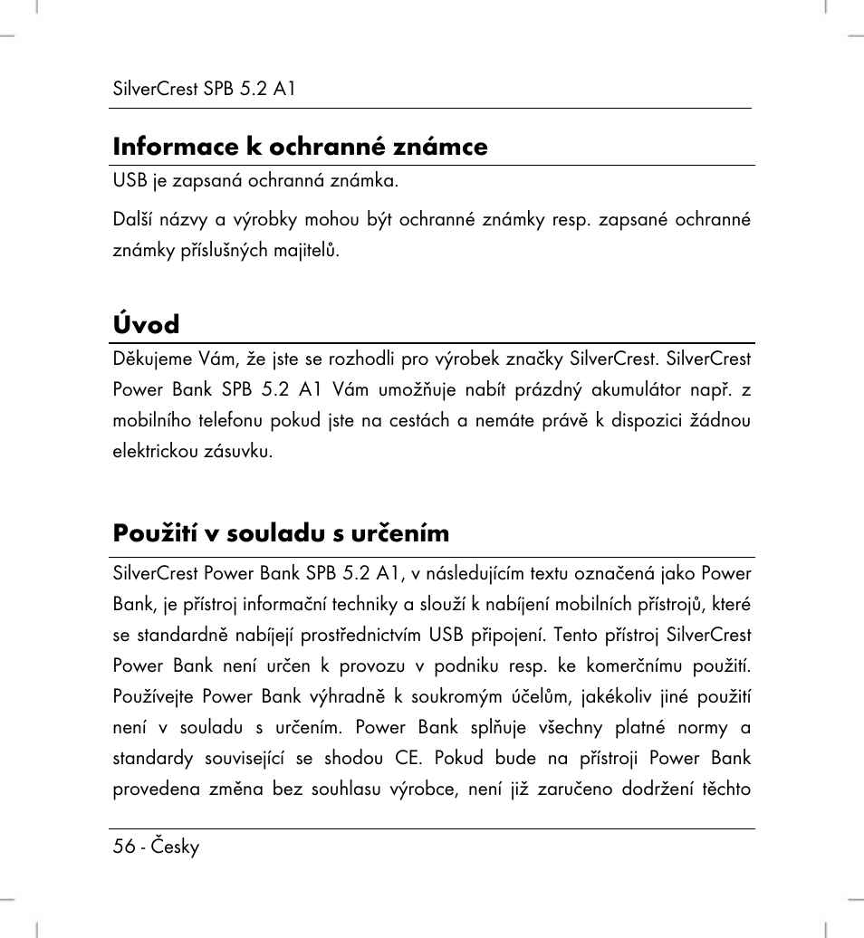 Informace k ochranné známce, Úvod, Použití v souladu s určením | Silvercrest SPB 5.2 A1 User Manual | Page 58 / 108