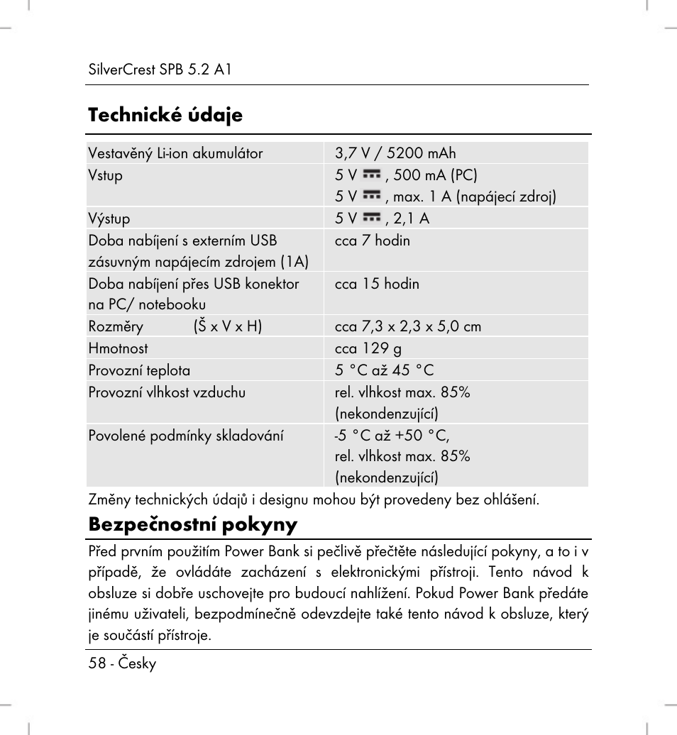 Technické údaje, Bezpečnostní pokyny | Silvercrest SPB 5.2 A1 User Manual | Page 60 / 108