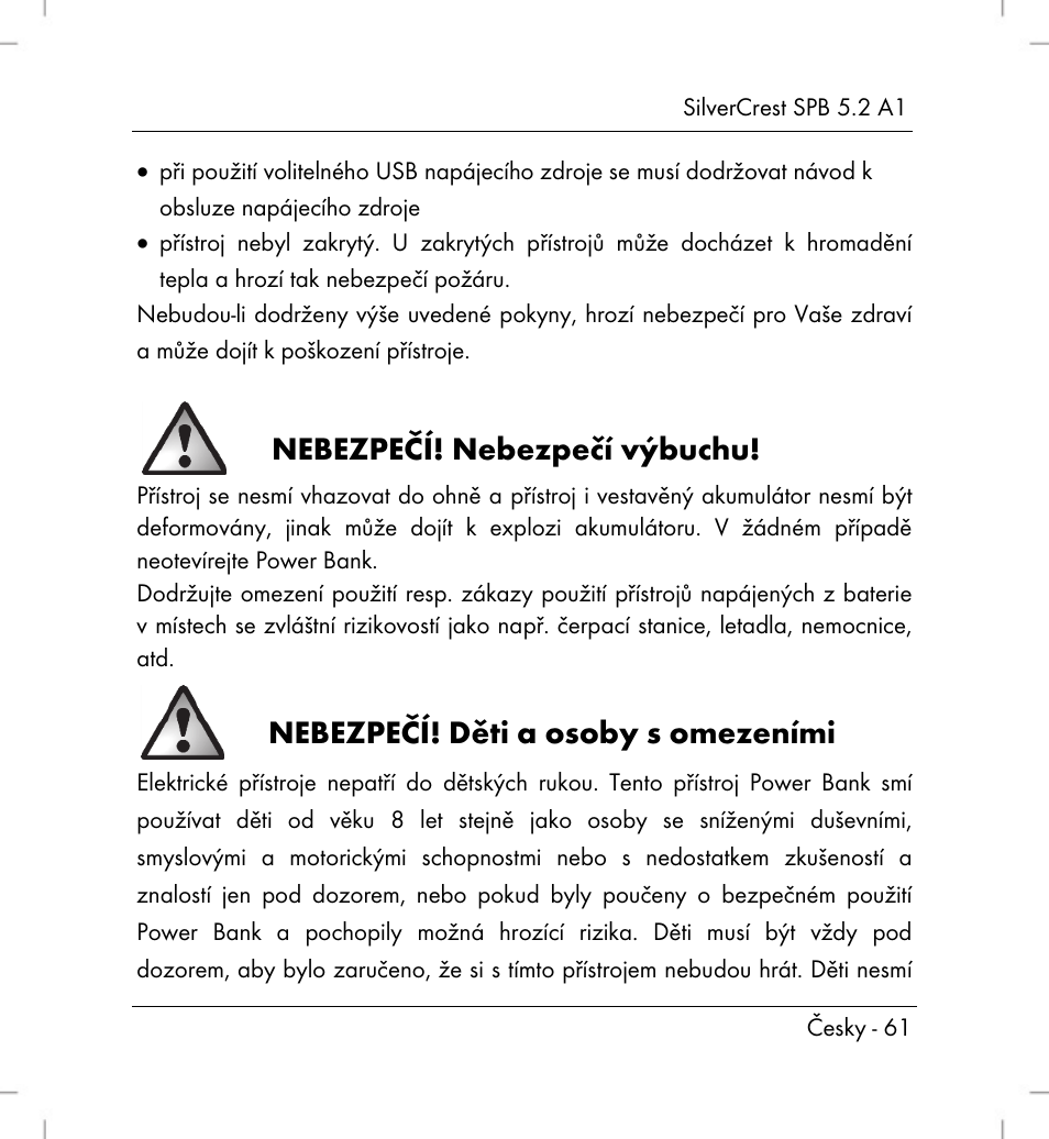 Nebezpečí! nebezpečí výbuchu, Nebezpečí! děti a osoby s omezeními | Silvercrest SPB 5.2 A1 User Manual | Page 63 / 108