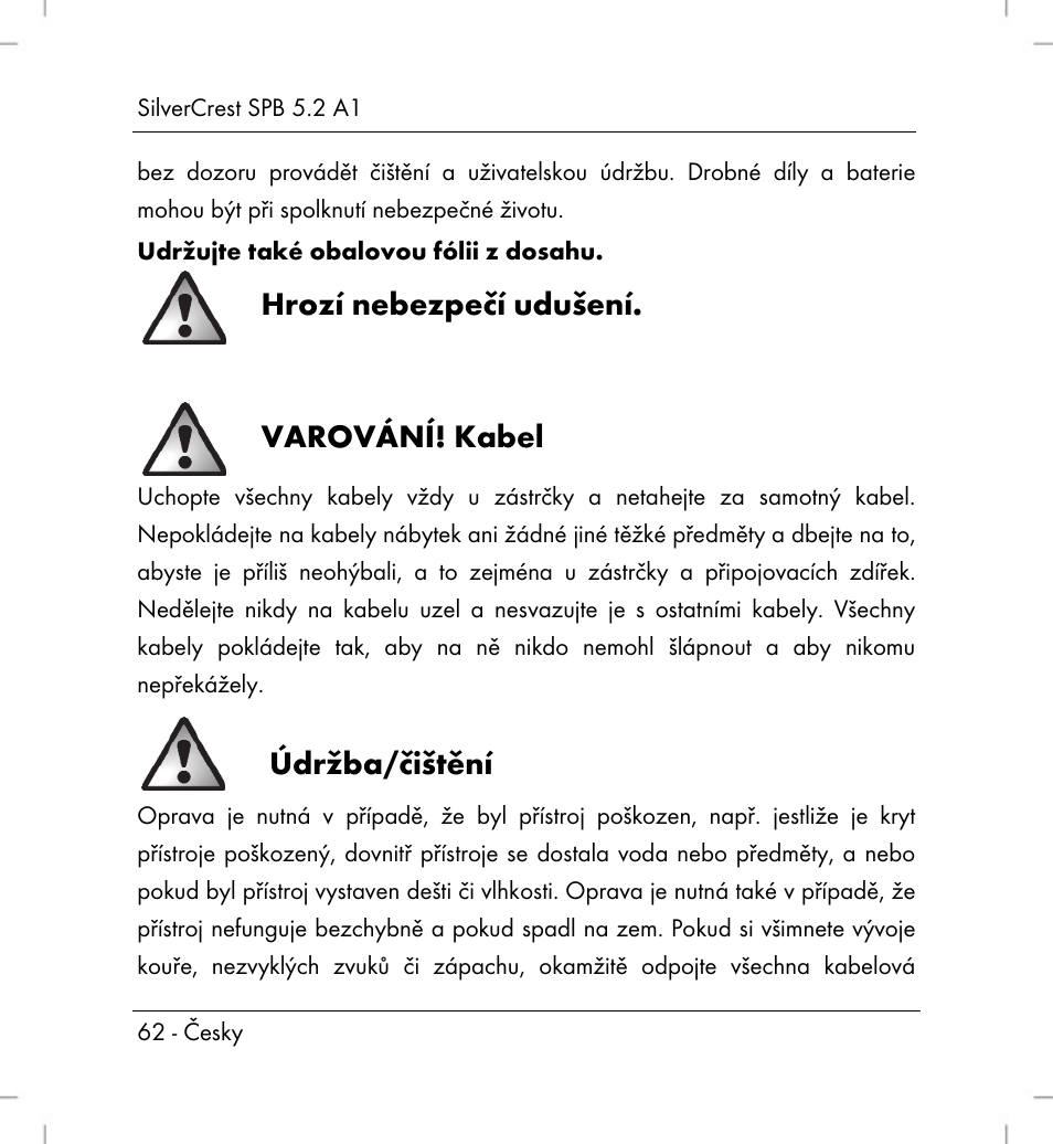 Hrozí nebezpečí udušení, Varování! kabel, Údržba/čištění | Silvercrest SPB 5.2 A1 User Manual | Page 64 / 108