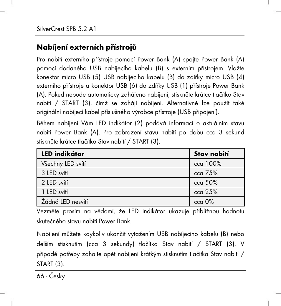 Nabíjení externích přístrojů | Silvercrest SPB 5.2 A1 User Manual | Page 68 / 108