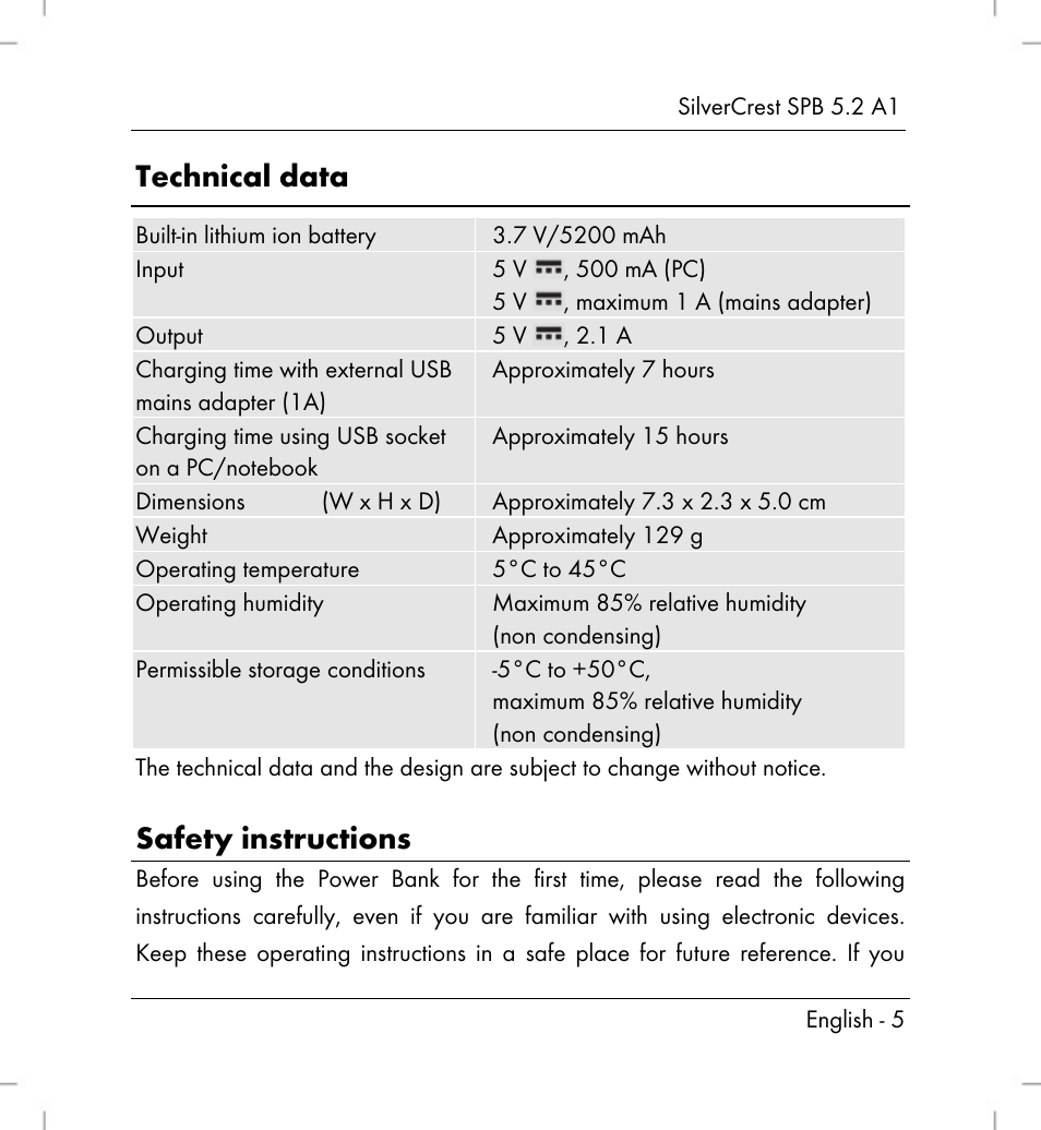 Technical data, Safety instructions | Silvercrest SPB 5.2 A1 User Manual | Page 7 / 108