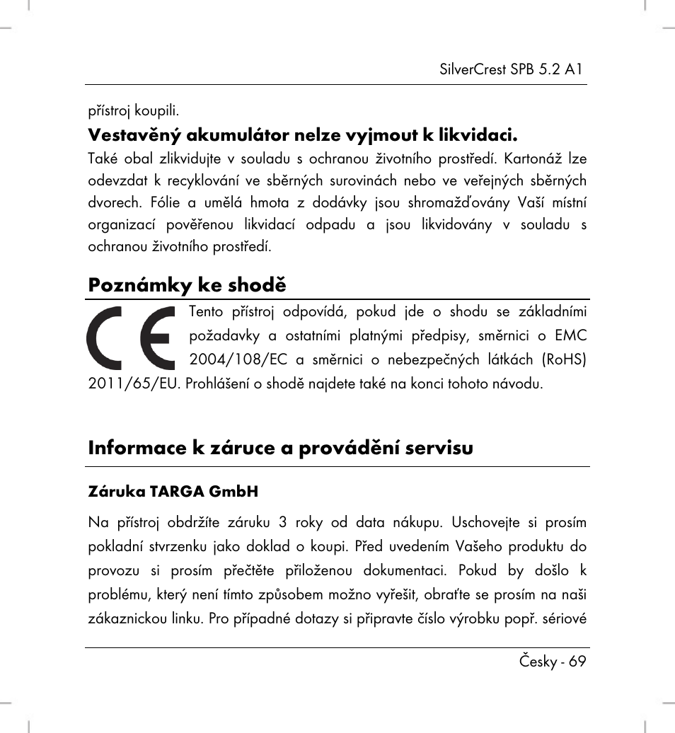 Poznámky ke shodě, Informace k záruce a provádění servisu | Silvercrest SPB 5.2 A1 User Manual | Page 71 / 108