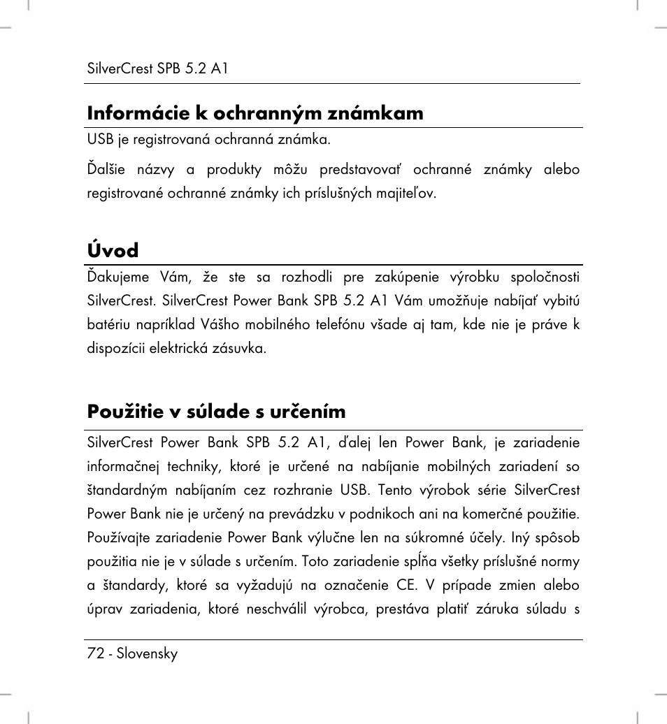 Informácie k ochranným známkam, Úvod, Použitie v súlade s určením | Silvercrest SPB 5.2 A1 User Manual | Page 74 / 108