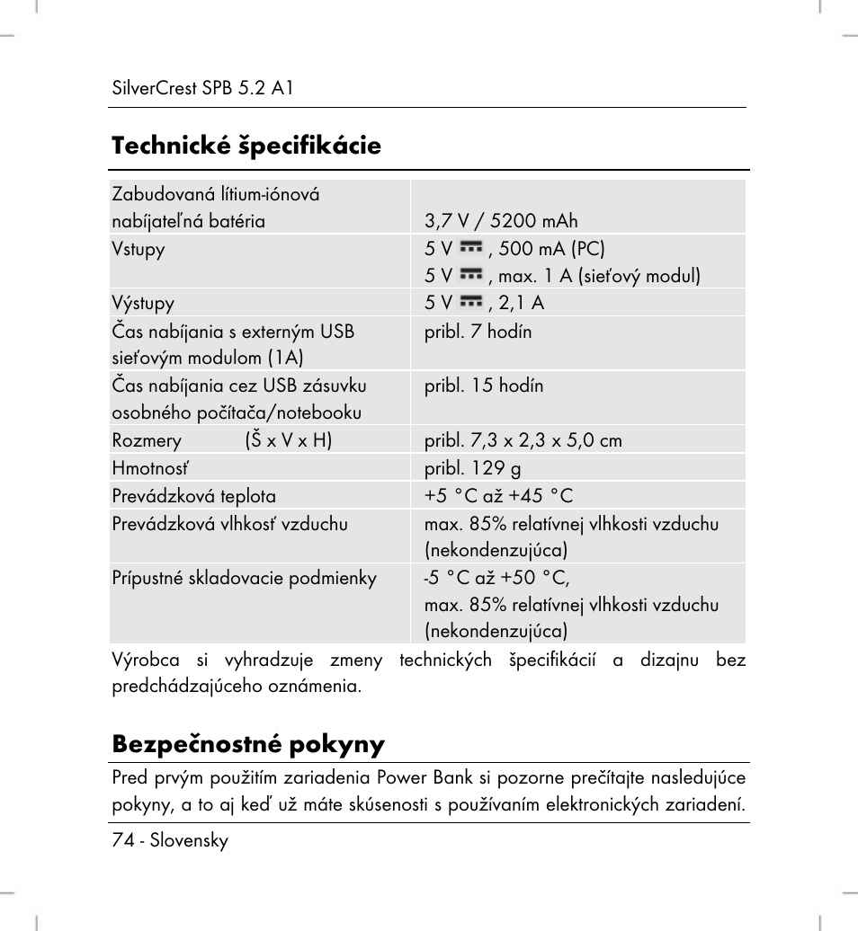 Technické špecifikácie, Bezpečnostné pokyny | Silvercrest SPB 5.2 A1 User Manual | Page 76 / 108