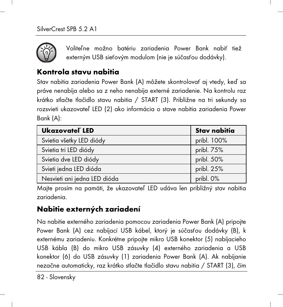Kontrola stavu nabitia, Nabitie externých zariadení | Silvercrest SPB 5.2 A1 User Manual | Page 84 / 108