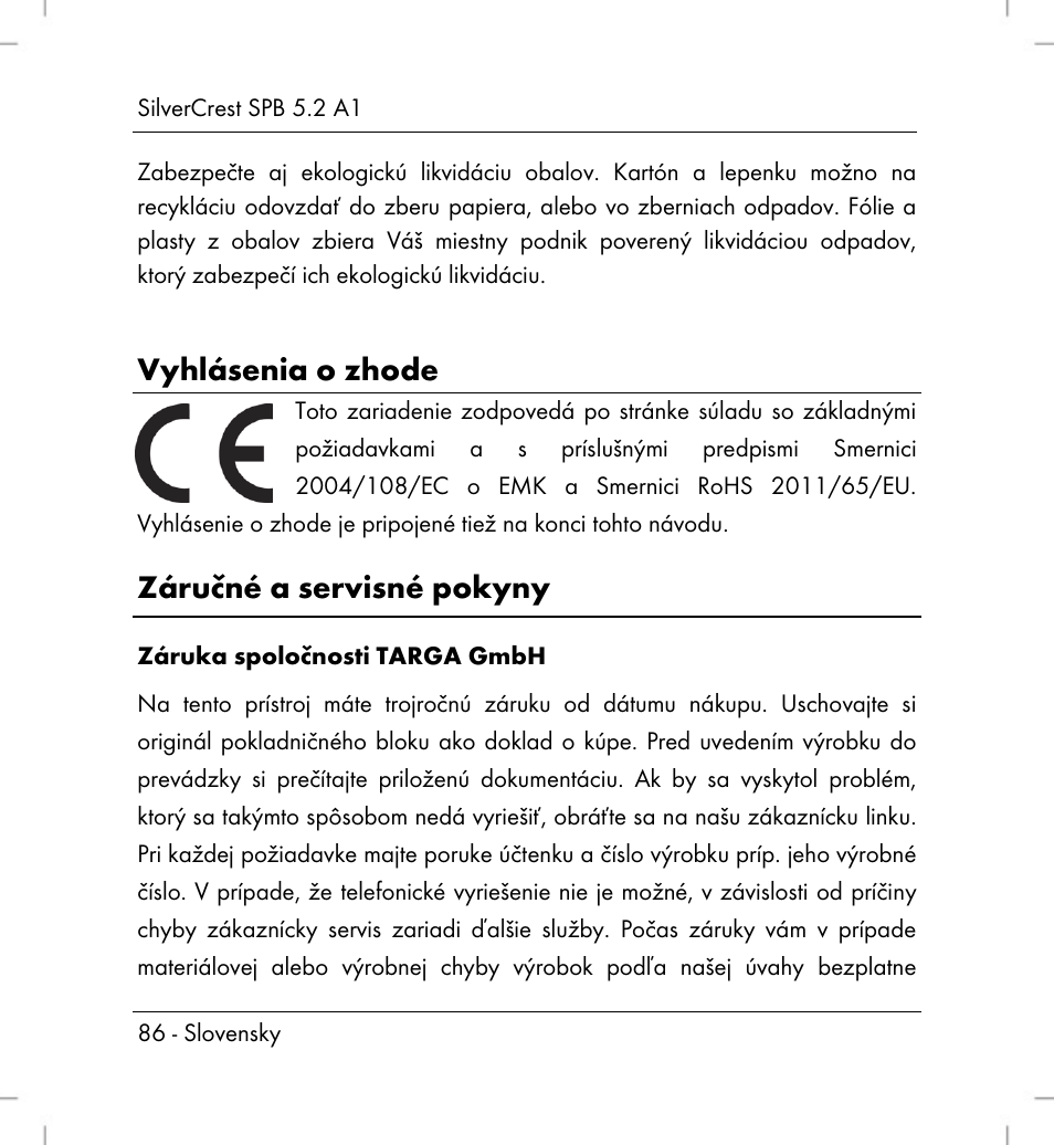 Vyhlásenia o zhode, Záručné a servisné pokyny | Silvercrest SPB 5.2 A1 User Manual | Page 88 / 108