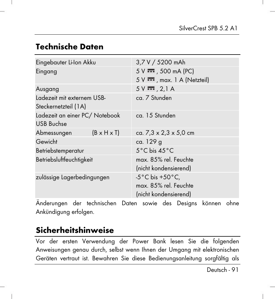 Technische daten, Sicherheitshinweise | Silvercrest SPB 5.2 A1 User Manual | Page 93 / 108