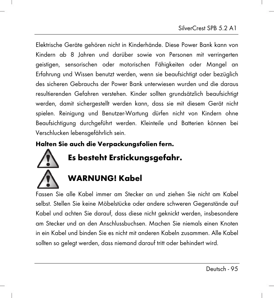 Es besteht erstickungsgefahr, Warnung! kabel | Silvercrest SPB 5.2 A1 User Manual | Page 97 / 108