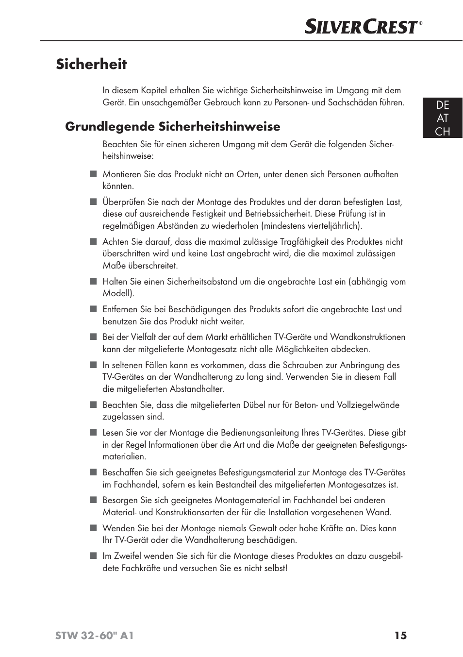 Sicherheit, Grundlegende sicherheitshinweise, De at ch | Silvercrest STW 32 - 60 A1 User Manual | Page 17 / 38