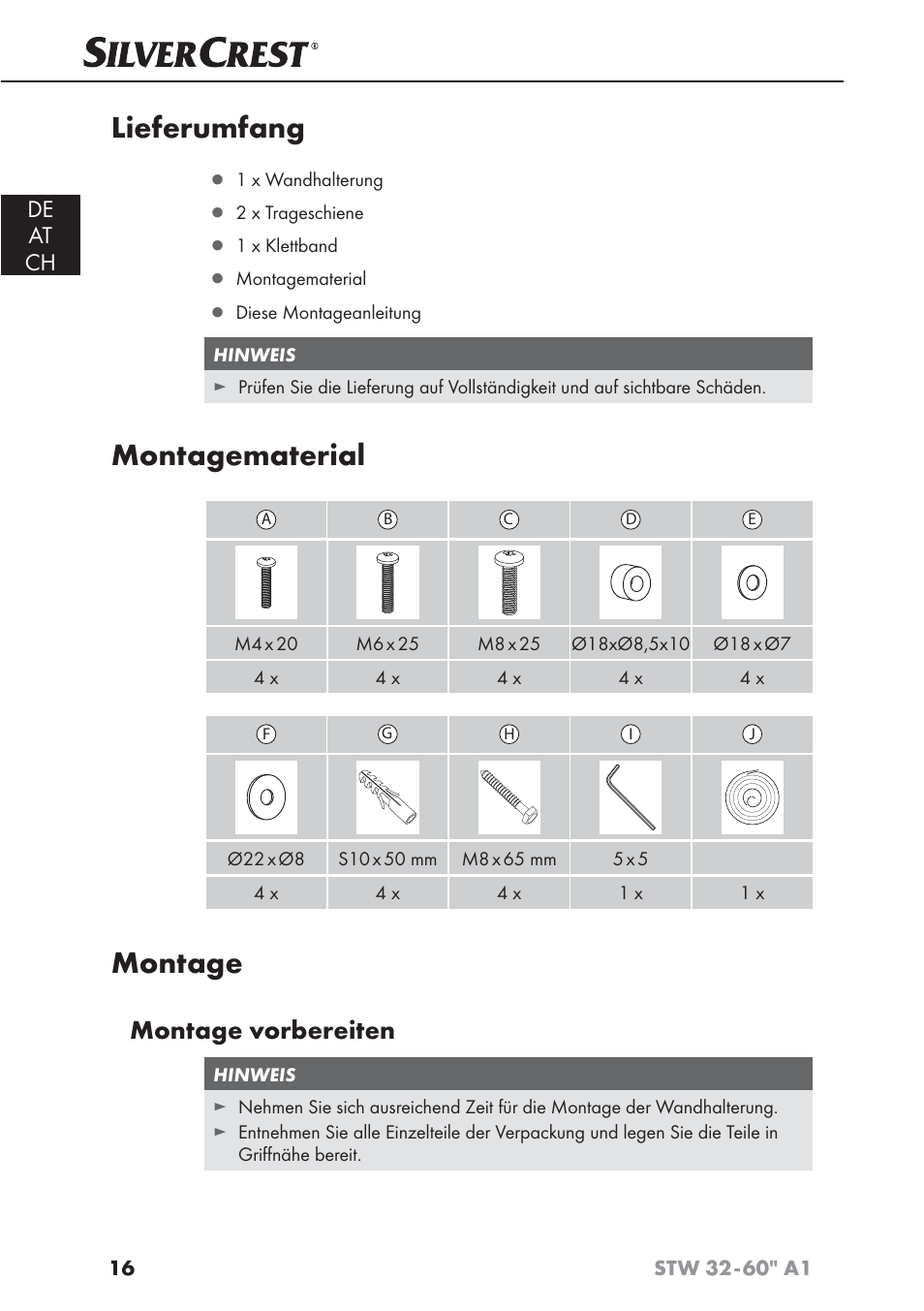 Lieferumfang, Montagematerial, Montage | Montage vorbereiten, De at ch | Silvercrest STW 32 - 60 A1 User Manual | Page 18 / 38