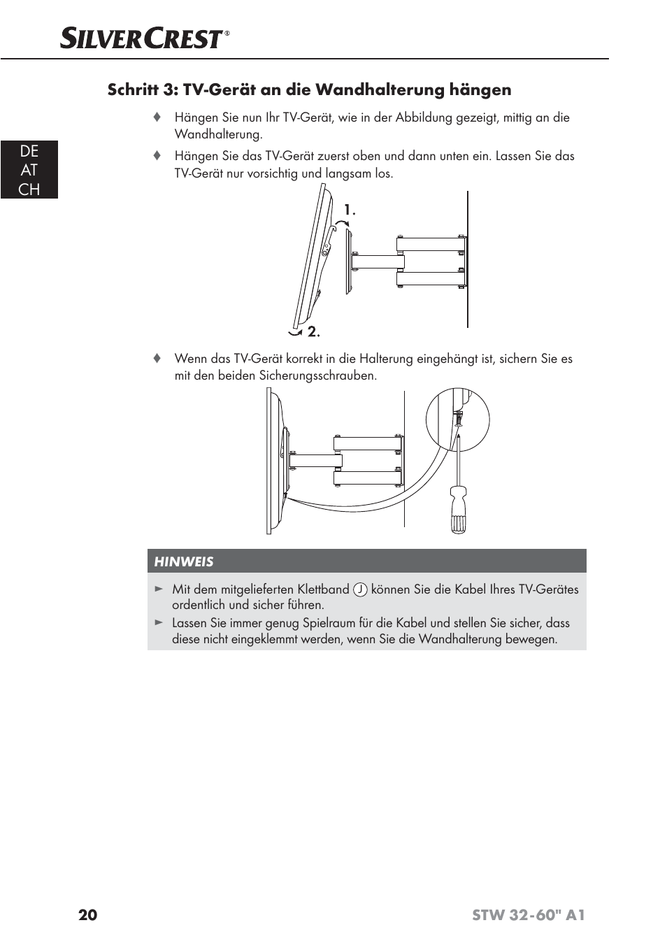 De at ch, Schritt 3: tv-gerät an die wandhalterung hängen | Silvercrest STW 32 - 60 A1 User Manual | Page 22 / 38