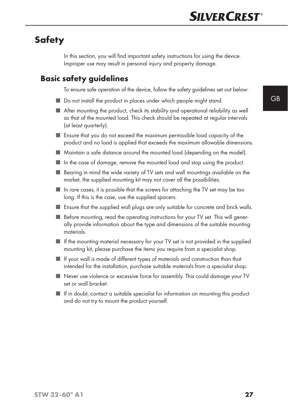 Safety, Basic safety guidelines | Silvercrest STW 32 - 60 A1 User Manual | Page 29 / 38