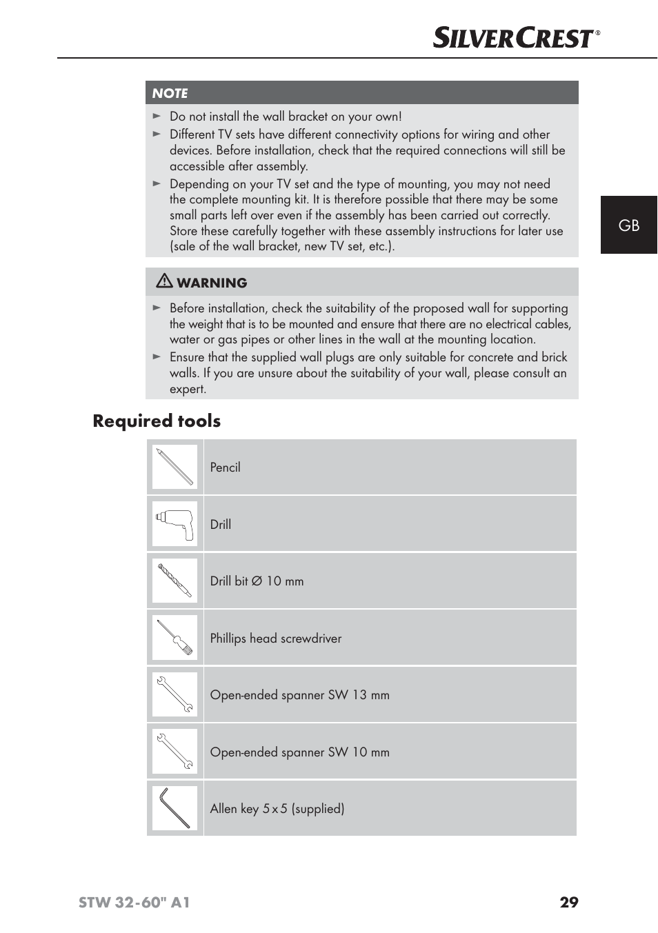 Required tools | Silvercrest STW 32 - 60 A1 User Manual | Page 31 / 38