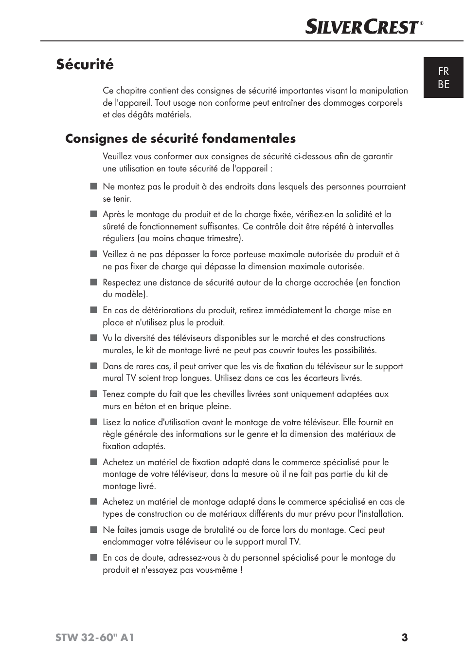 Sécurité, Consignes de sécurité fondamentales, Fr be | Silvercrest STW 32 - 60 A1 User Manual | Page 5 / 38