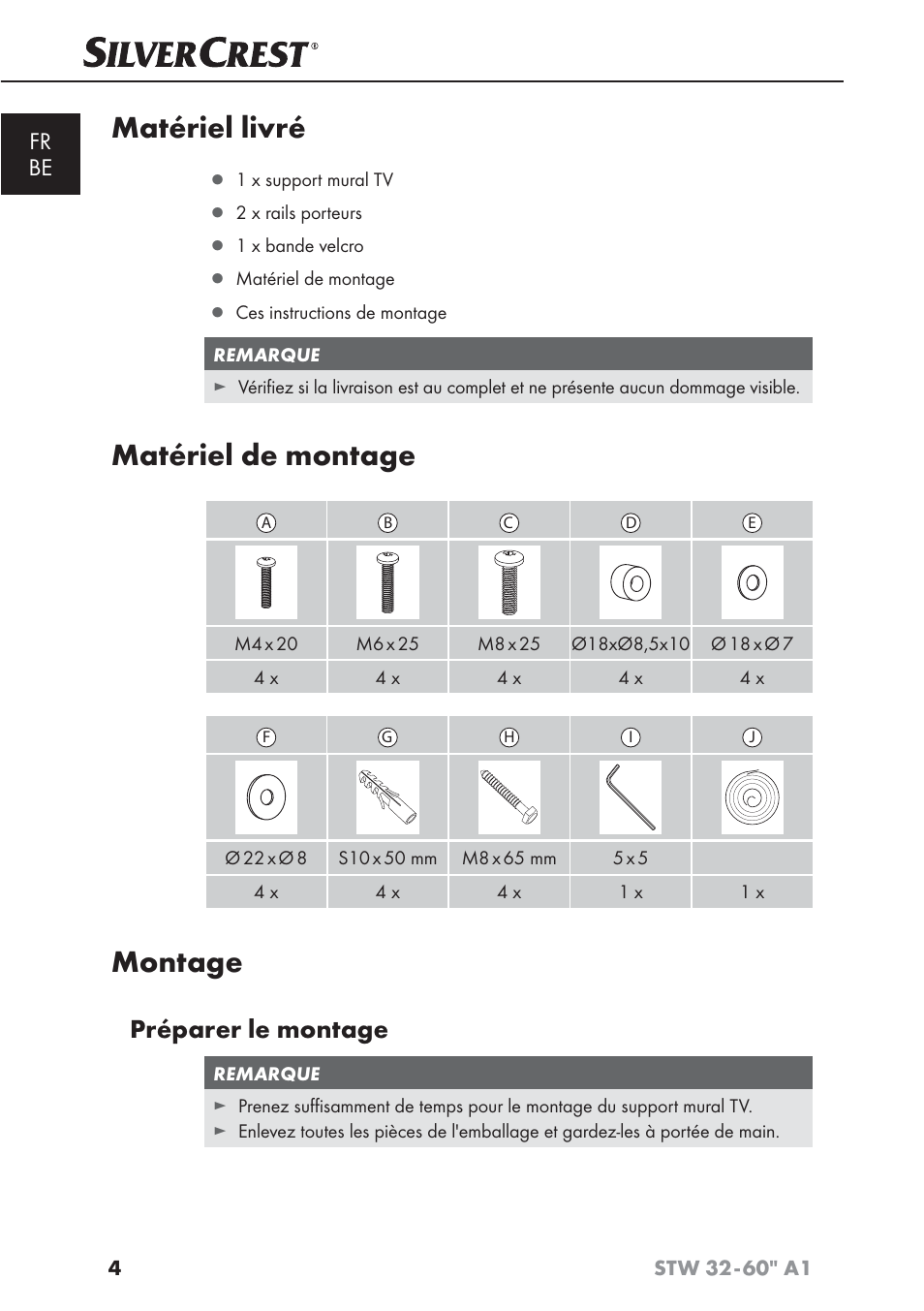 Matériel livré, Matériel de montage, Montage | Préparer le montage, Fr be | Silvercrest STW 32 - 60 A1 User Manual | Page 6 / 38