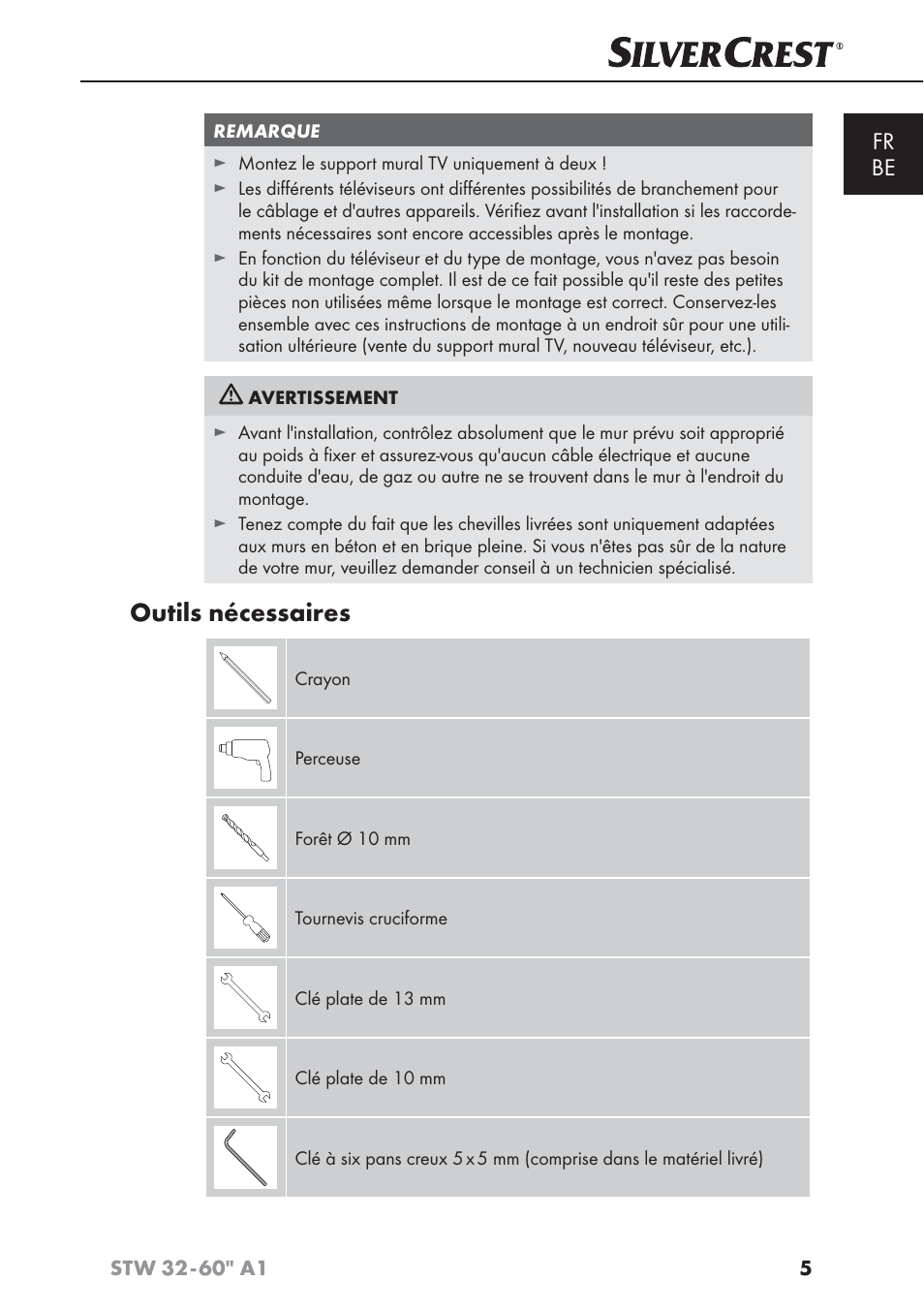 Outils nécessaires, Fr be | Silvercrest STW 32 - 60 A1 User Manual | Page 7 / 38