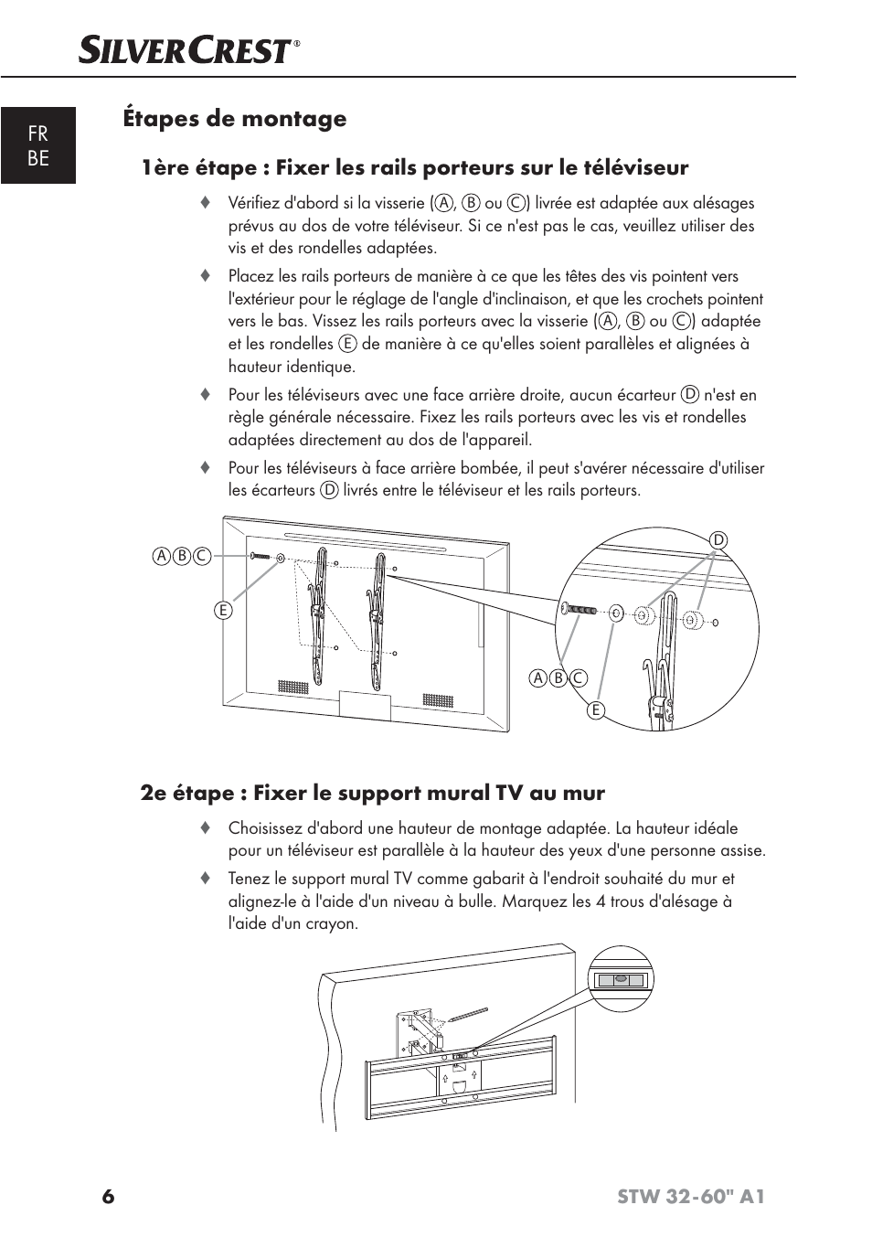 Étapes de montage, Fr be, 2e étape : fixer le support mural tv au mur | Silvercrest STW 32 - 60 A1 User Manual | Page 8 / 38