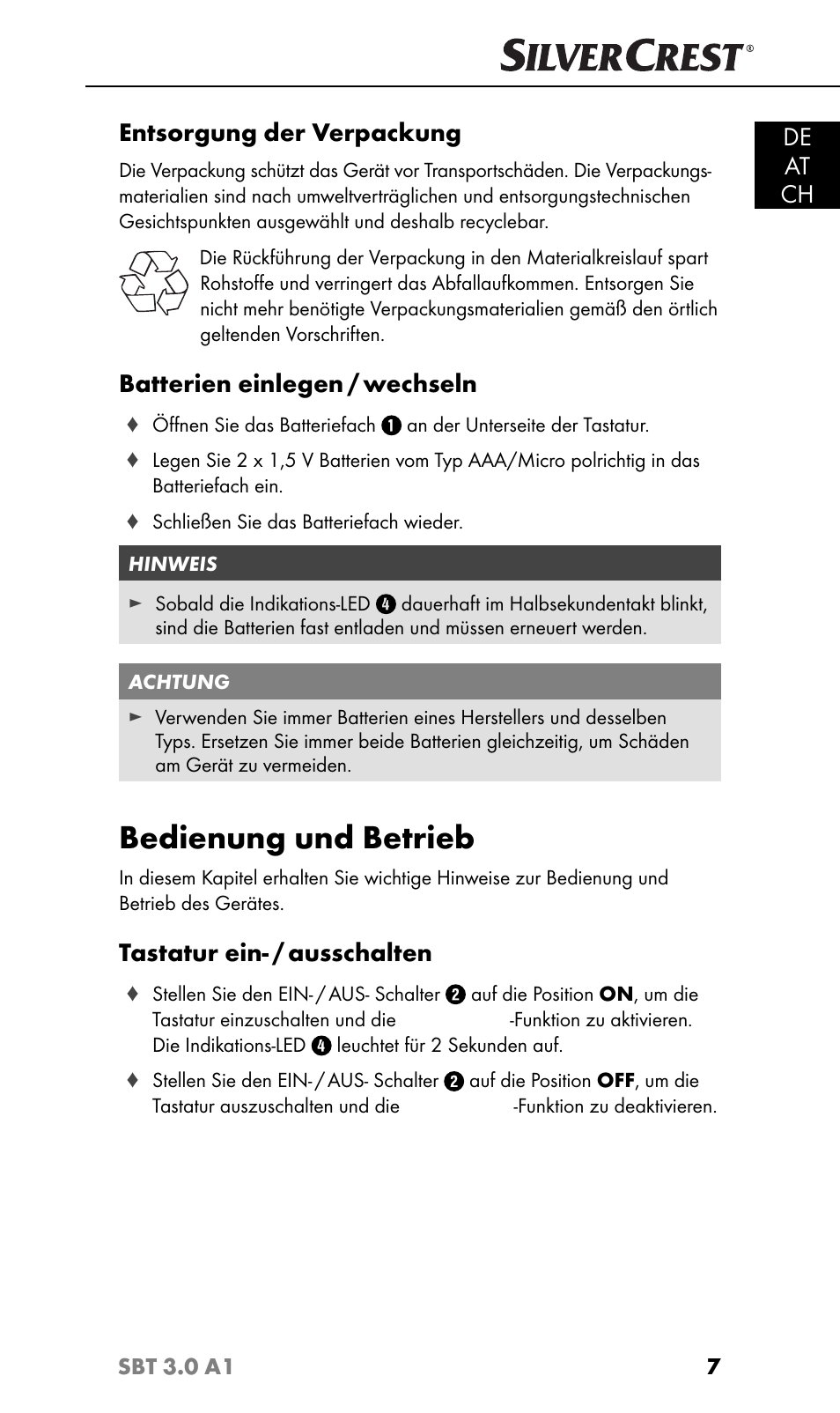 Bedienung und betrieb, De at ch, Entsorgung der verpackung | Batterien einlegen / wechseln, Tastatur ein- / ausschalten | Silvercrest SBT 3.0 A1 User Manual | Page 10 / 67