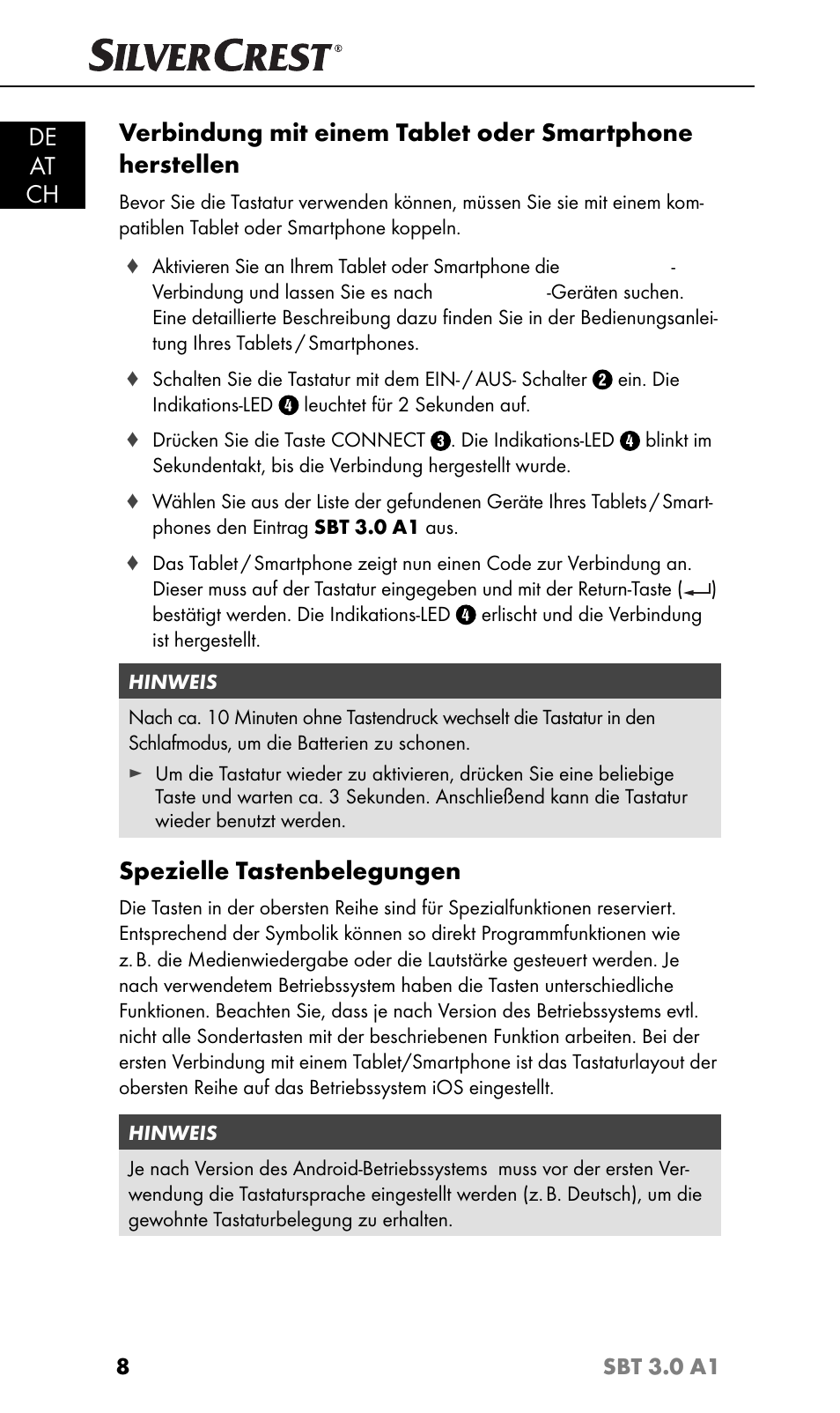 De at ch, Spezielle tastenbelegungen | Silvercrest SBT 3.0 A1 User Manual | Page 11 / 67