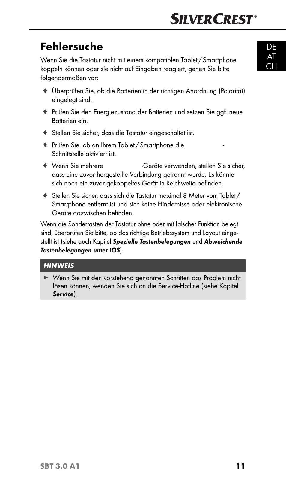 Fehlersuche, De at ch | Silvercrest SBT 3.0 A1 User Manual | Page 14 / 67