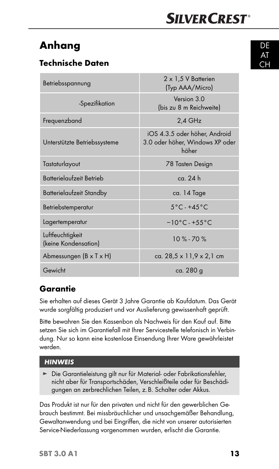 Anhang, De at ch, Technische daten | Garantie | Silvercrest SBT 3.0 A1 User Manual | Page 16 / 67