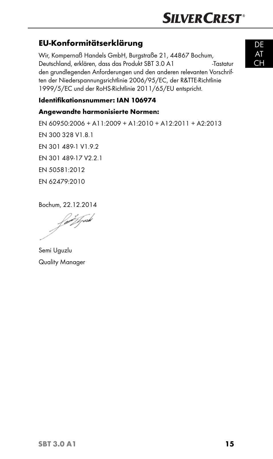 De at ch, Eu-konformitätserklärung | Silvercrest SBT 3.0 A1 User Manual | Page 18 / 67