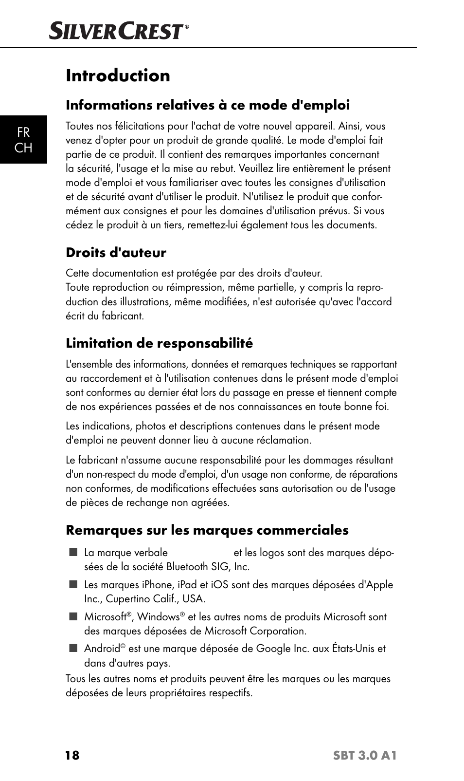 Introduction, Fr ch, Informations relatives à ce mode d'emploi | Droits d'auteur, Limitation de responsabilité, Remarques sur les marques commerciales | Silvercrest SBT 3.0 A1 User Manual | Page 21 / 67