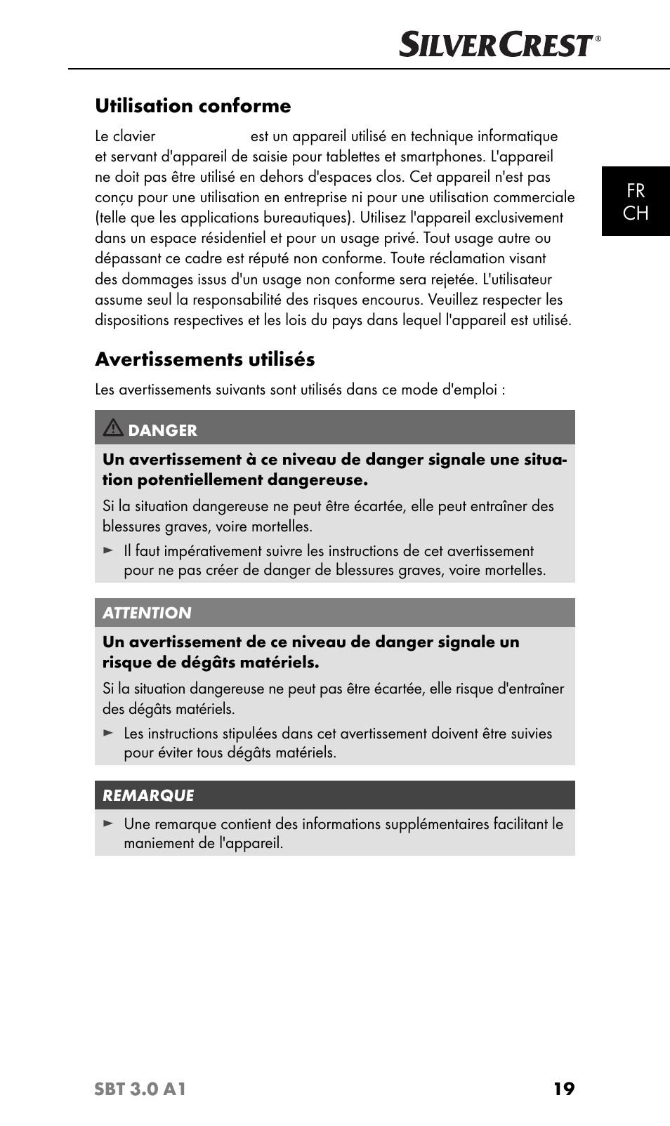 Fr ch, Utilisation conforme, Avertissements utilisés | Silvercrest SBT 3.0 A1 User Manual | Page 22 / 67