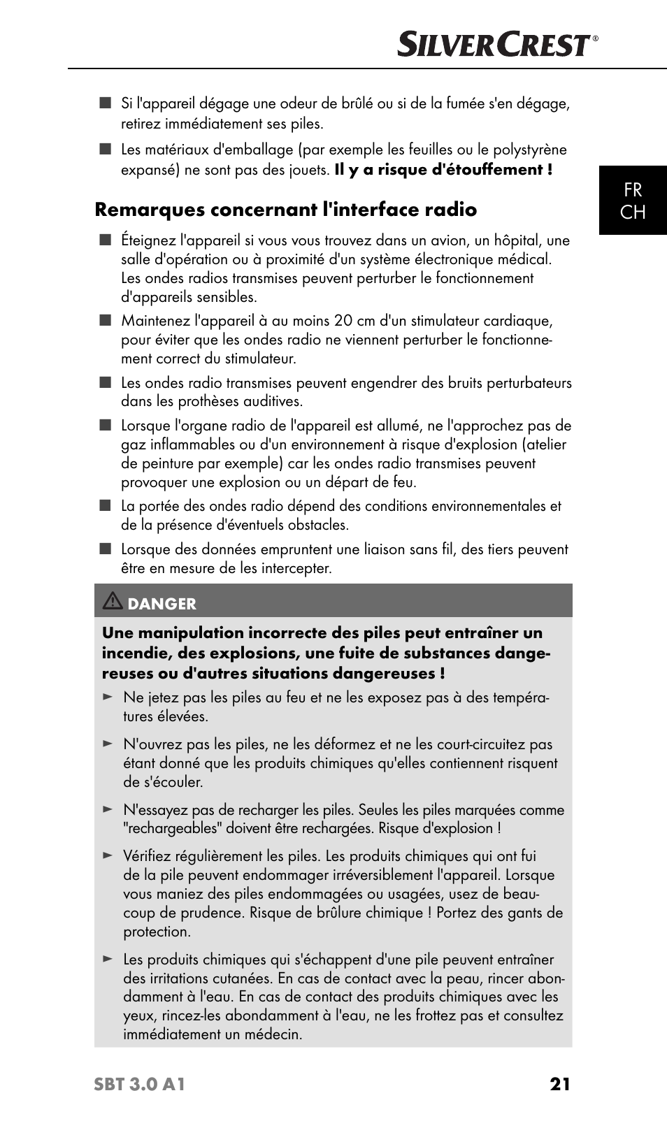 Fr ch, Remarques concernant l'interface radio | Silvercrest SBT 3.0 A1 User Manual | Page 24 / 67