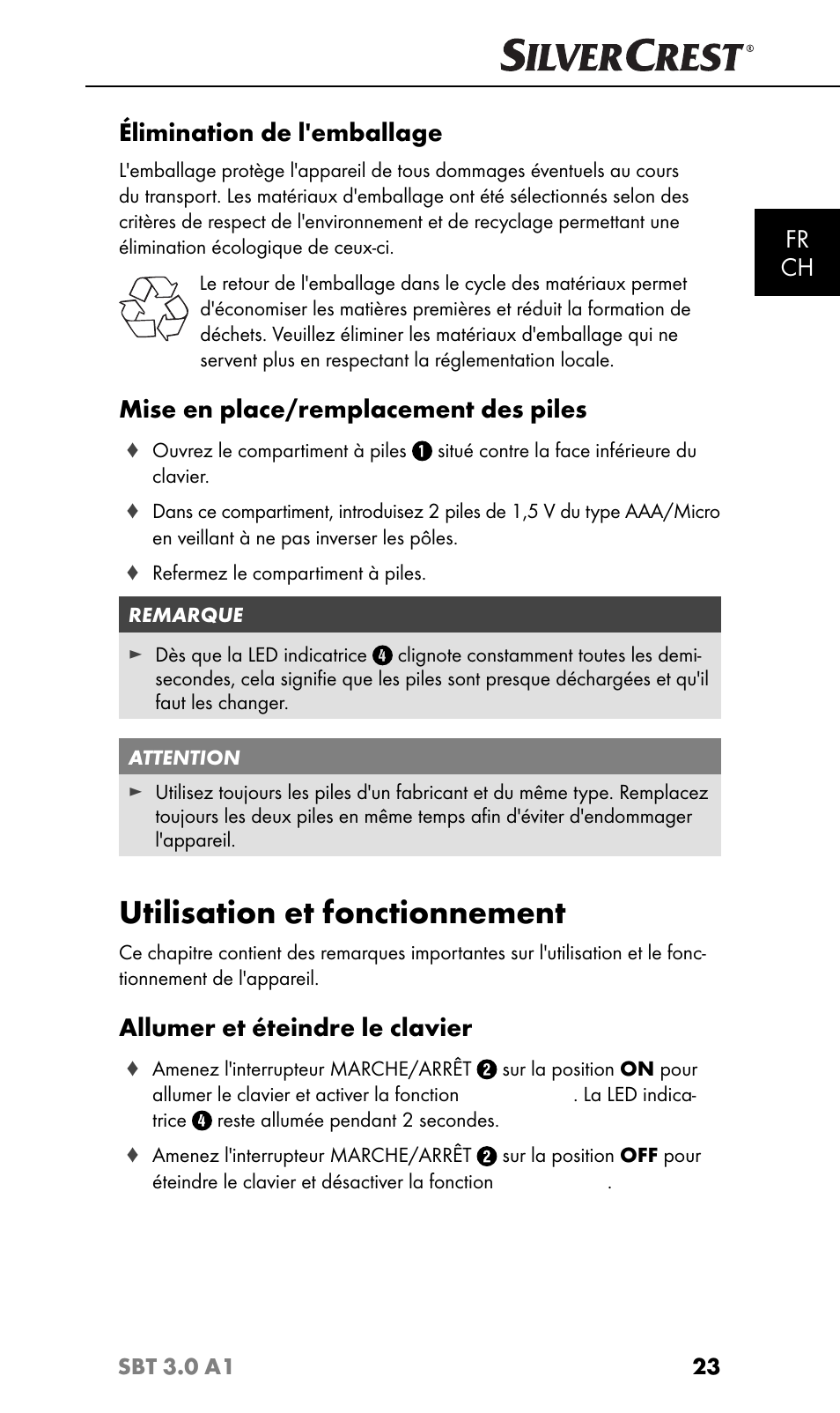 Utilisation et fonctionnement, Fr ch, Élimination de l'emballage | Mise en place/remplacement des piles, Allumer et éteindre le clavier | Silvercrest SBT 3.0 A1 User Manual | Page 26 / 67