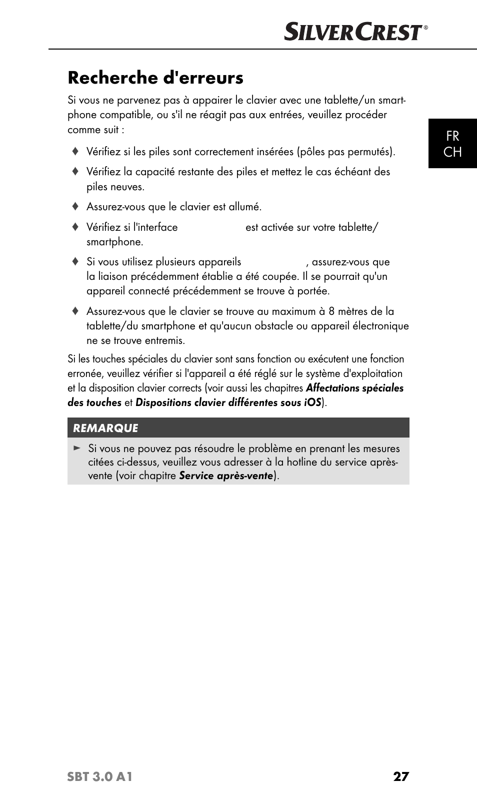 Recherche d'erreurs, Fr ch | Silvercrest SBT 3.0 A1 User Manual | Page 30 / 67
