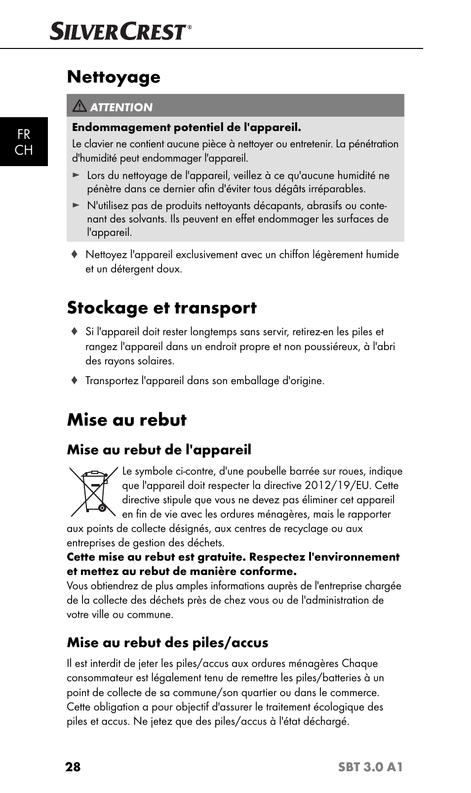 Nettoyage, Stockage et transport, Mise au rebut | Fr ch, Mise au rebut de l'appareil, Mise au rebut des piles/accus | Silvercrest SBT 3.0 A1 User Manual | Page 31 / 67