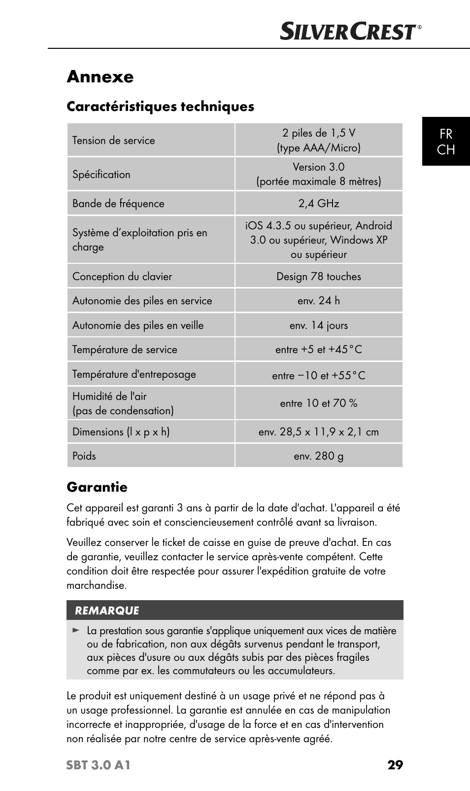 Annexe, Fr ch, Caractéristiques techniques | Garantie | Silvercrest SBT 3.0 A1 User Manual | Page 32 / 67