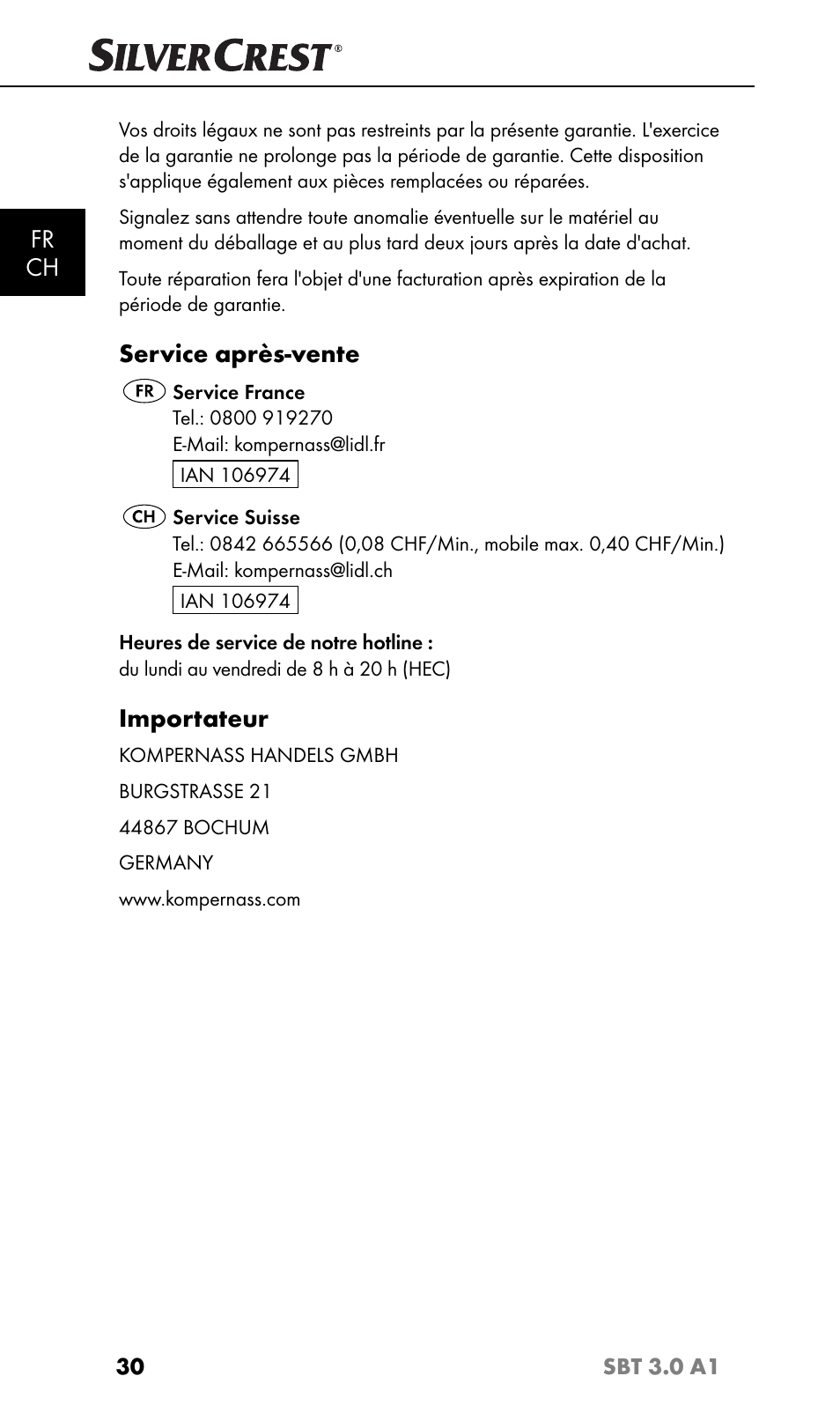 Fr ch, Service après-vente, Importateur | Silvercrest SBT 3.0 A1 User Manual | Page 33 / 67