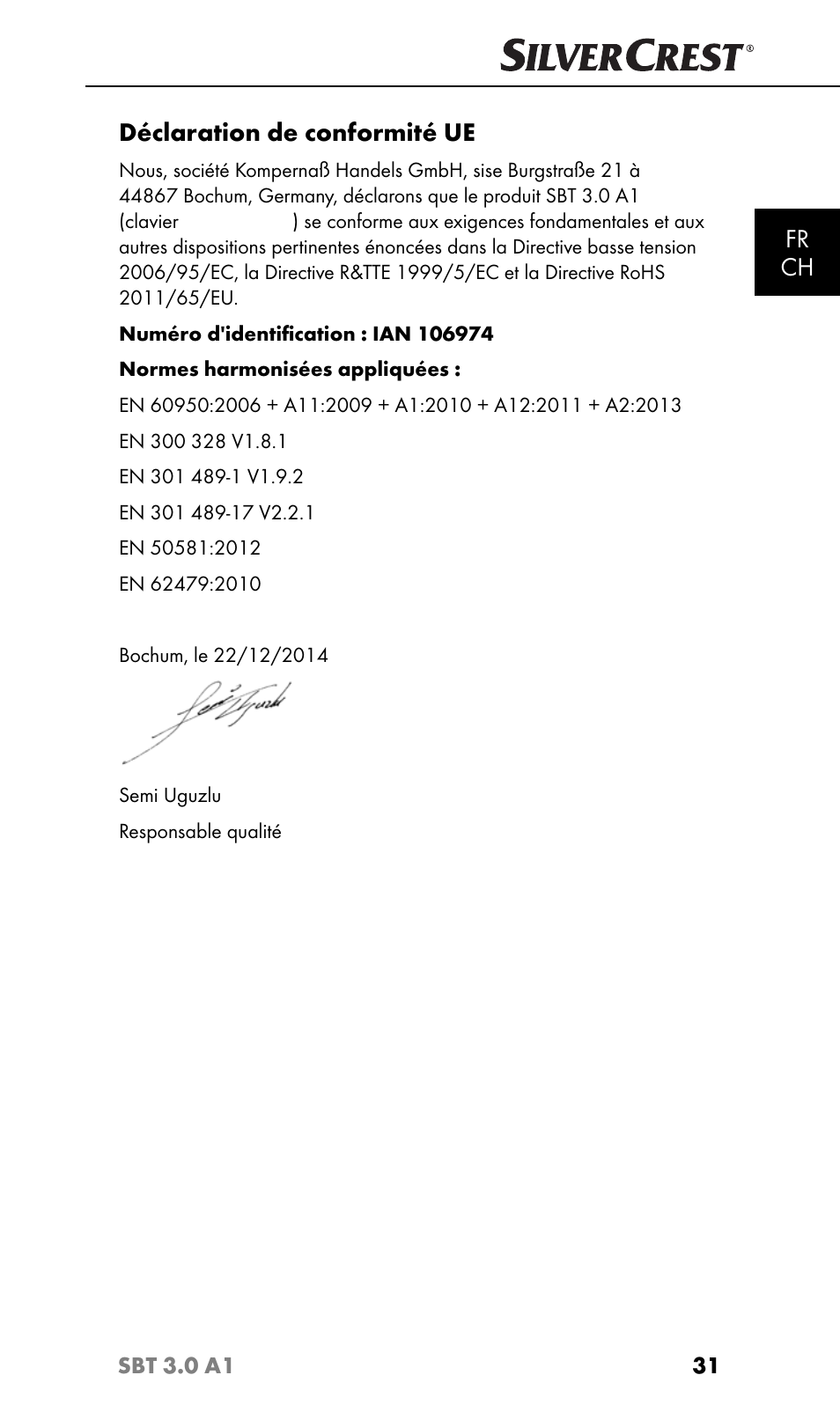 Fr ch, Déclaration de conformité ue | Silvercrest SBT 3.0 A1 User Manual | Page 34 / 67