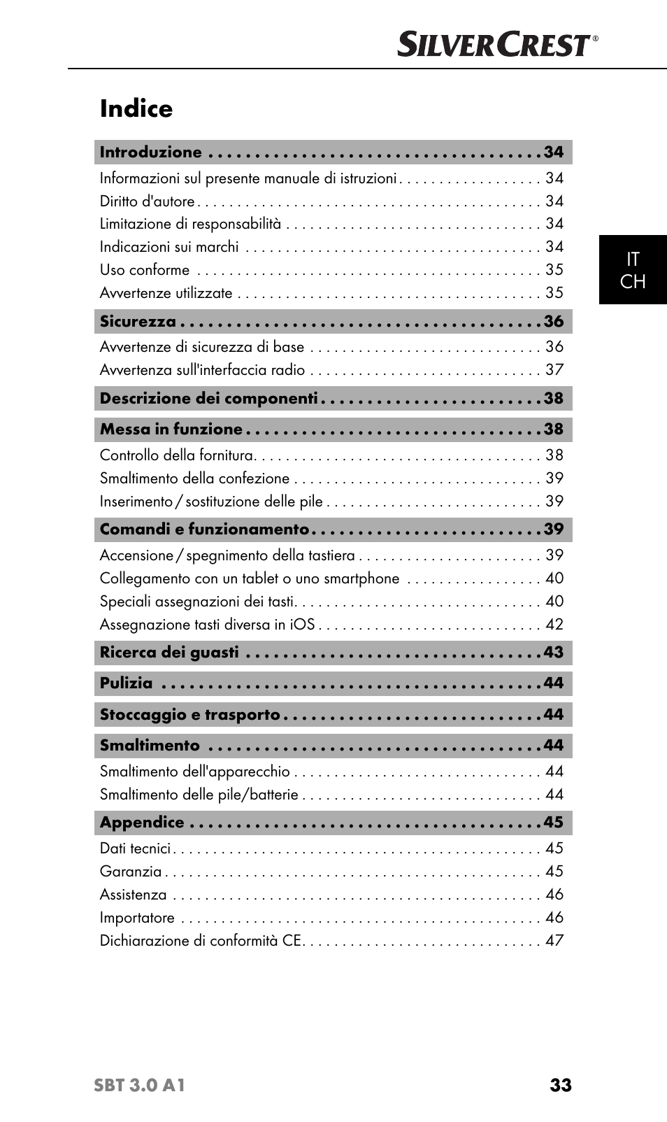 Indice, It ch | Silvercrest SBT 3.0 A1 User Manual | Page 36 / 67