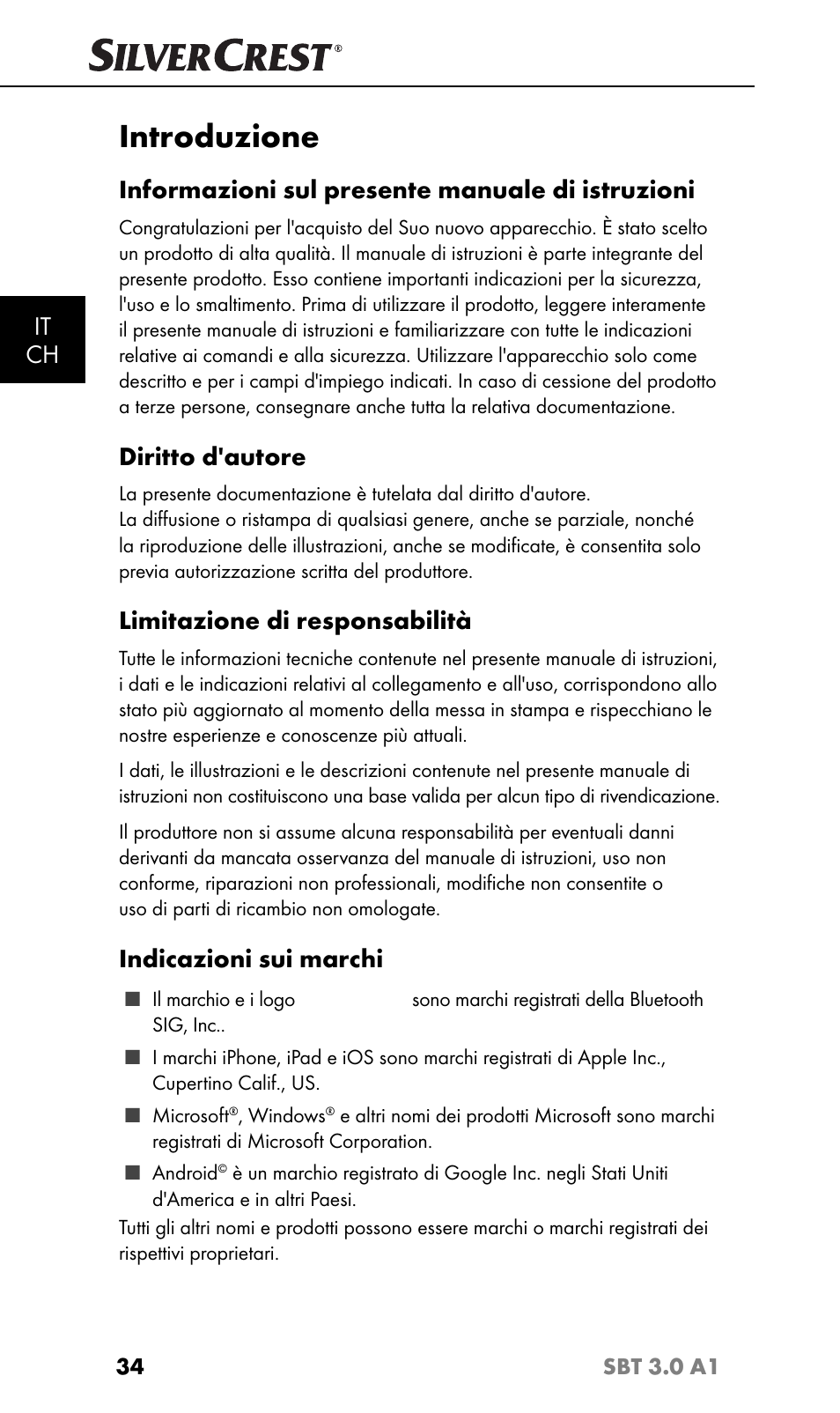 Introduzione, It ch, Informazioni sul presente manuale di istruzioni | Diritto d'autore, Limitazione di responsabilità, Indicazioni sui marchi | Silvercrest SBT 3.0 A1 User Manual | Page 37 / 67