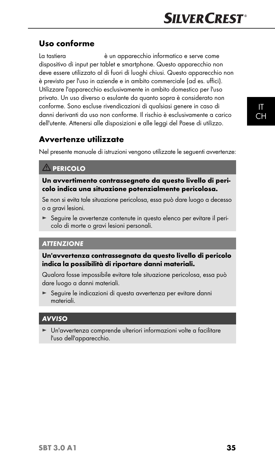 It ch, Uso conforme, Avvertenze utilizzate | Silvercrest SBT 3.0 A1 User Manual | Page 38 / 67