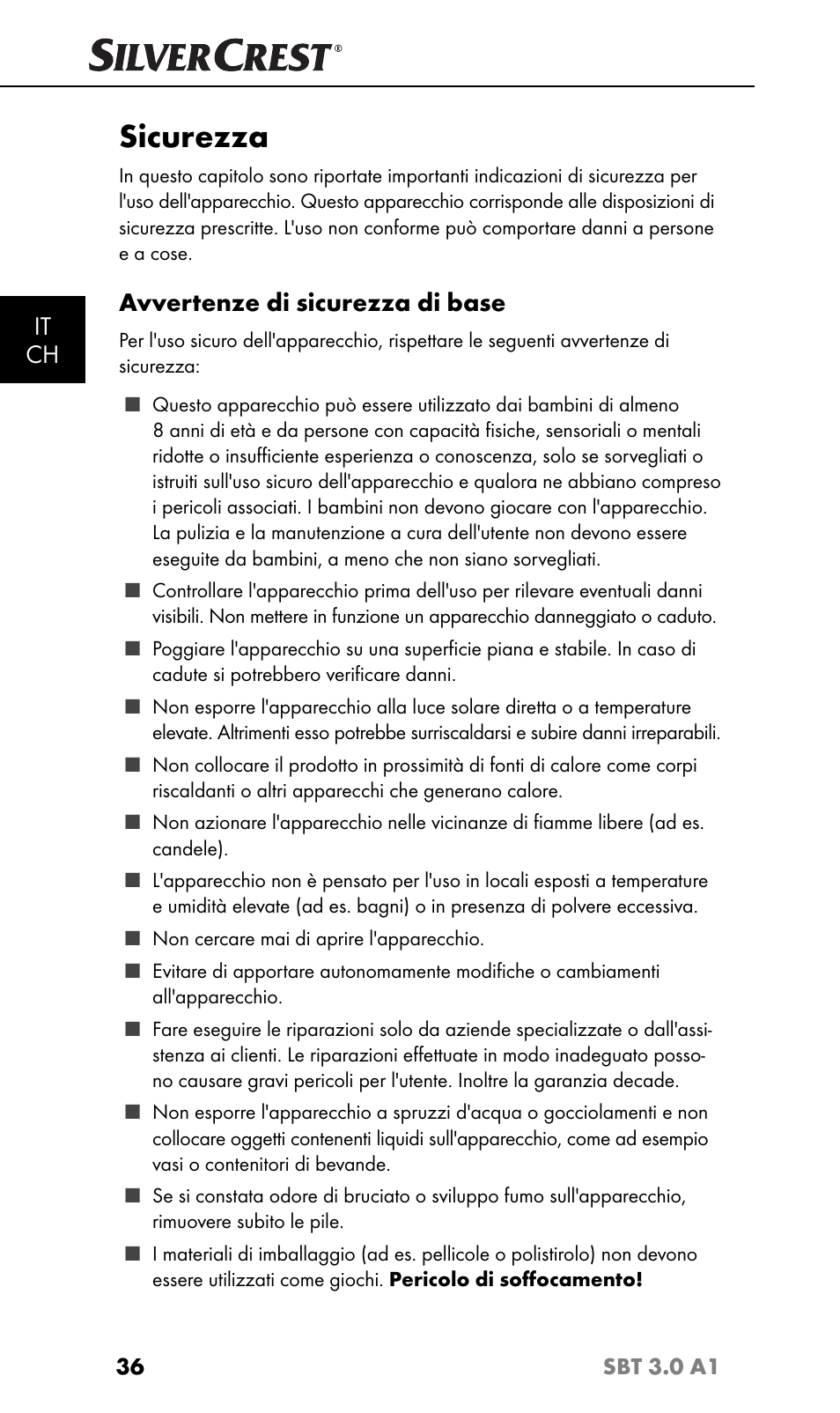 Sicurezza, It ch, Avvertenze di sicurezza di base | Silvercrest SBT 3.0 A1 User Manual | Page 39 / 67