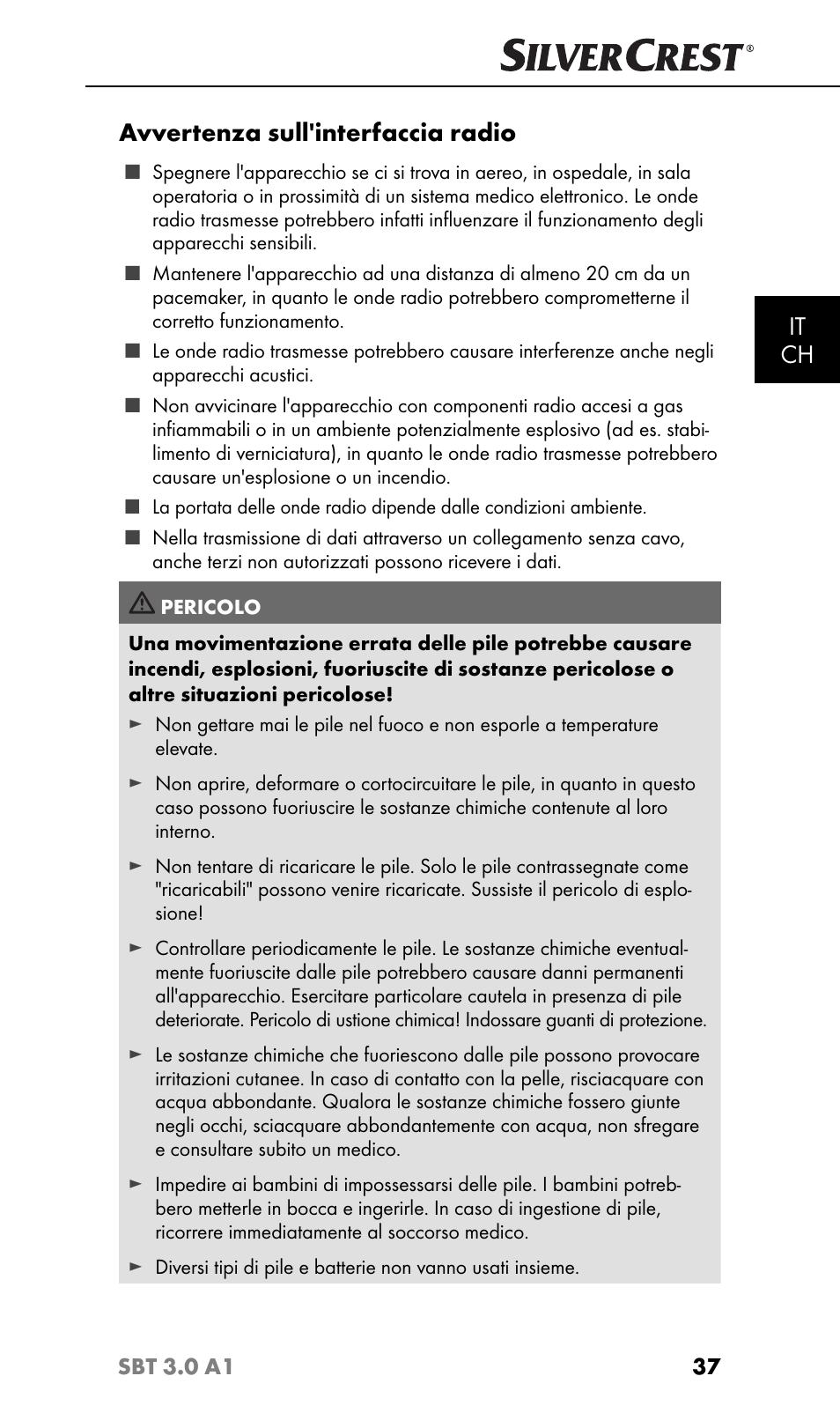 It ch, Avvertenza sull'interfaccia radio | Silvercrest SBT 3.0 A1 User Manual | Page 40 / 67