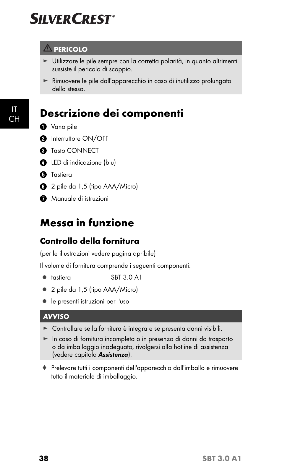 Descrizione dei componenti, Messa in funzione, It ch | Controllo della fornitura | Silvercrest SBT 3.0 A1 User Manual | Page 41 / 67