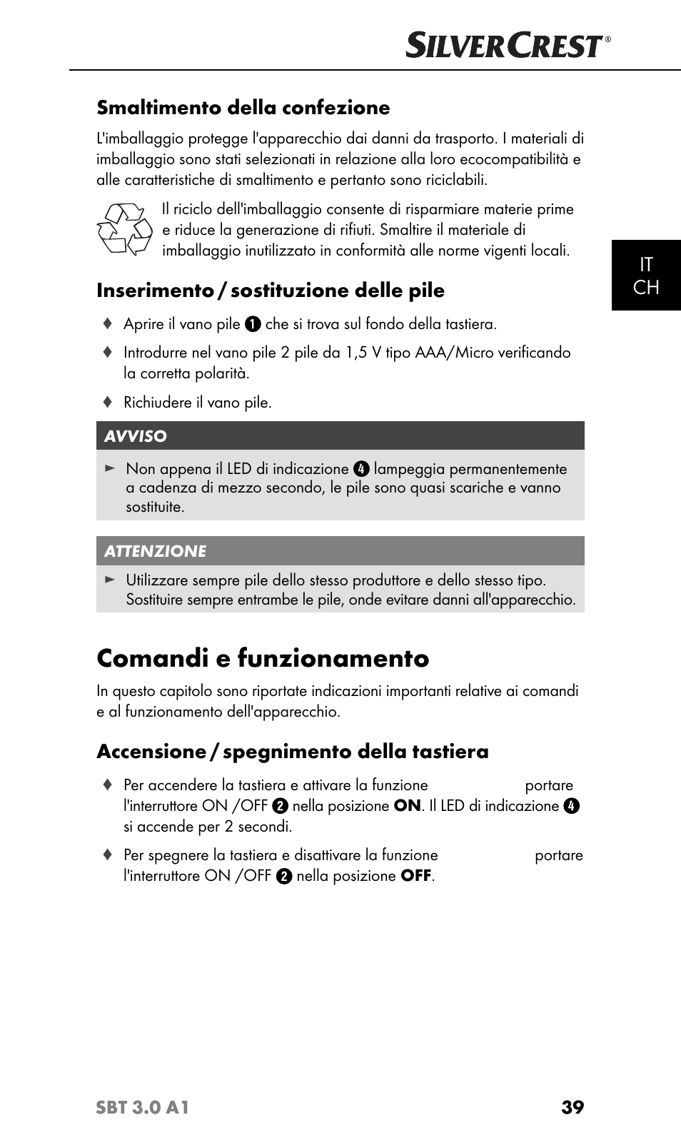 Comandi e funzionamento, It ch, Smaltimento della confezione | Inserimento / sostituzione delle pile, Accensione / spegnimento della tastiera | Silvercrest SBT 3.0 A1 User Manual | Page 42 / 67