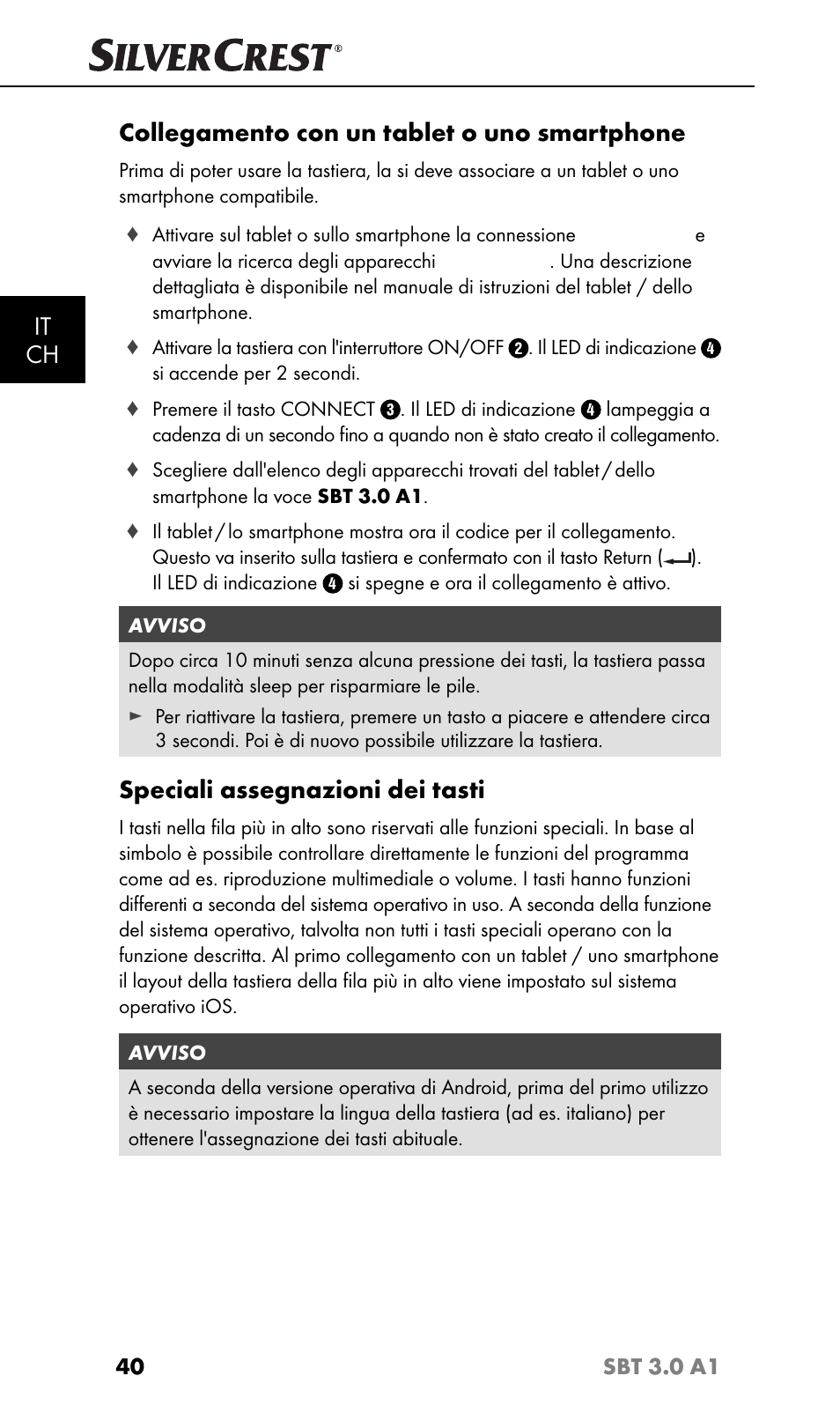 It ch, Collegamento con un tablet o uno smartphone, Speciali assegnazioni dei tasti | Silvercrest SBT 3.0 A1 User Manual | Page 43 / 67