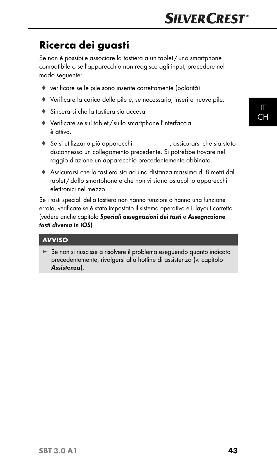 Ricerca dei guasti, It ch | Silvercrest SBT 3.0 A1 User Manual | Page 46 / 67