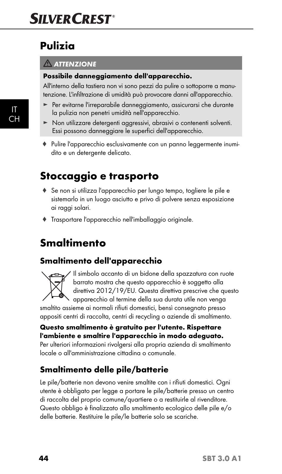 Pulizia, Stoccaggio e trasporto, Smaltimento | It ch, Smaltimento dell'apparecchio, Smaltimento delle pile/batterie | Silvercrest SBT 3.0 A1 User Manual | Page 47 / 67